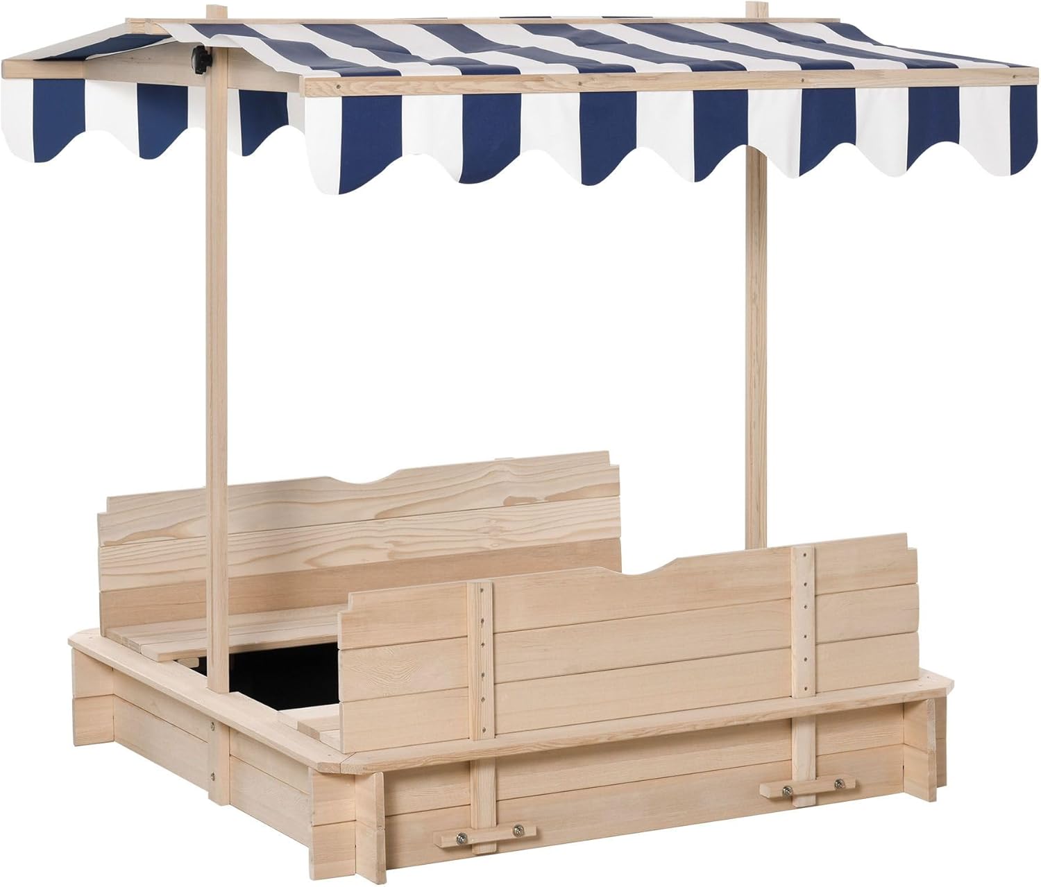 Wooden Kids Sandbox with Cover, Children Outdoor Sand Box with Foldable Bench Seats, Adjustable Canopy, Bottom Liner for Outdoor, Natural
