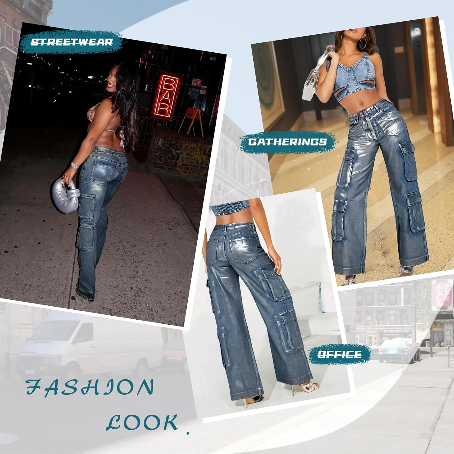 Jeans for Women Fashion Silver Hot Stamping Craft High Rise Jean Stretchy Denim Pants Work Pants with Multi Pocket - Image 3