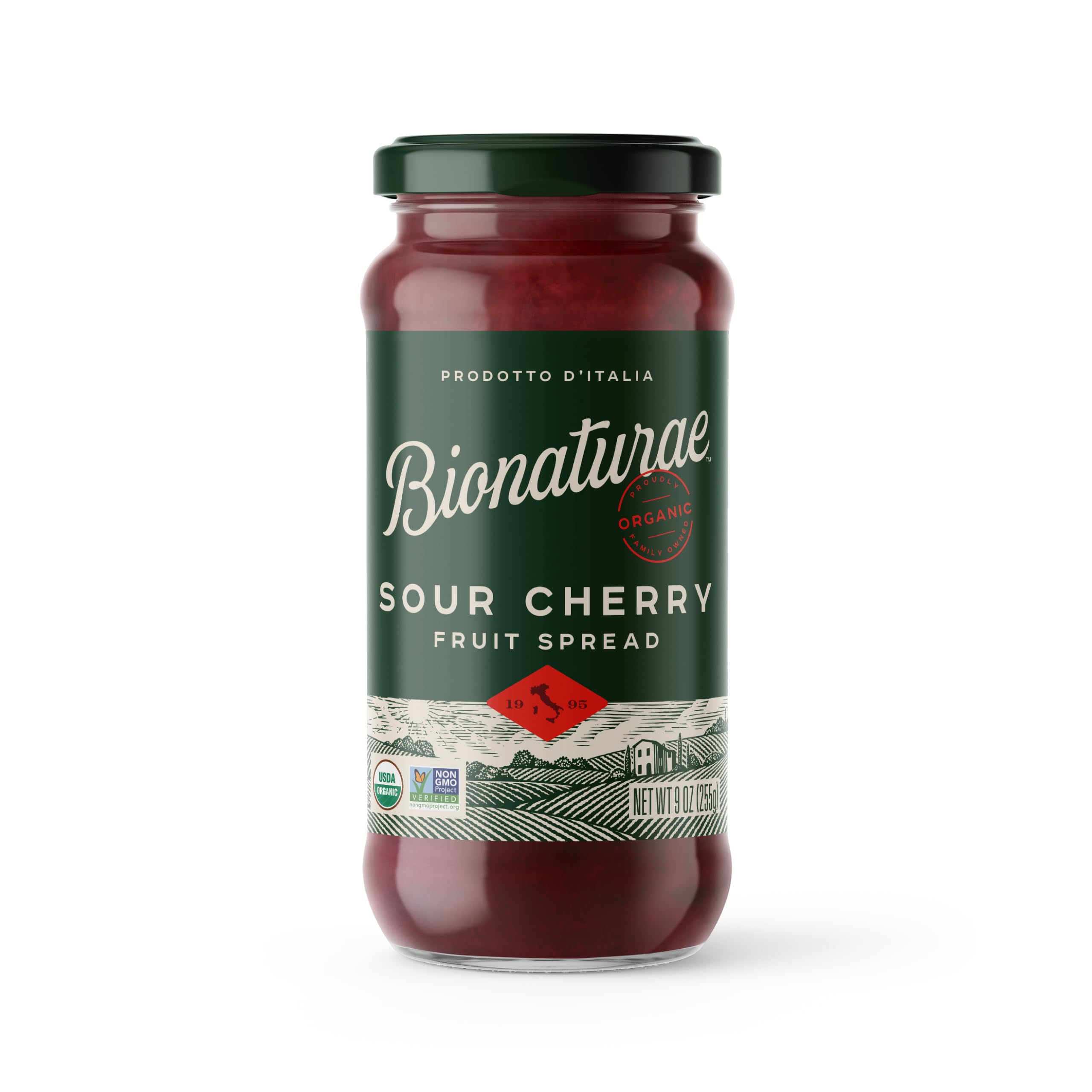 Bionaturae Organic Sour Cherry Fruit Spread - Jelly Organic, Non-GMO, USDA Certified, No Sugar Added, No Preservatives, Organic Fruit Jam, Jam Organic, Made in Italy - 9 Oz, 12 Pack