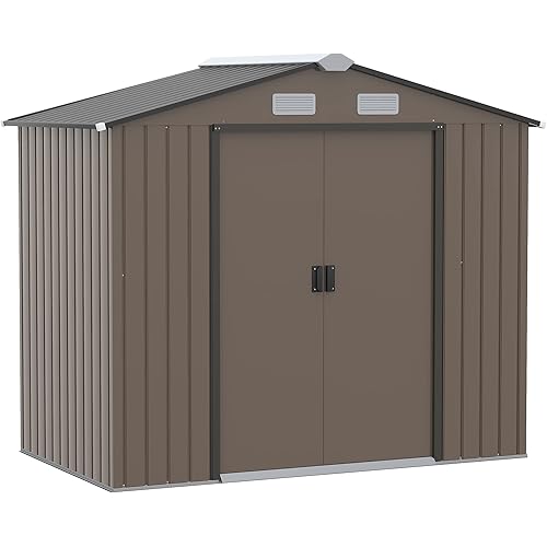 Outsunny 7' x 4' Outdoor Storage Shed, Garden Tool Metal Shed with Foundation Kit, Double Lockable Door, Air Vents and Sloping Roof, for Backyard, Patio, Lawn, Brown