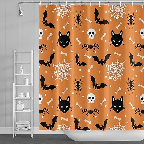 Miniatura 4 de DASHAN Bonita cortina de ducha de Halloween, arañas de terror, murciélagos, calaveras, cortinas de ducha para baño, cortina de baño espeluznante de