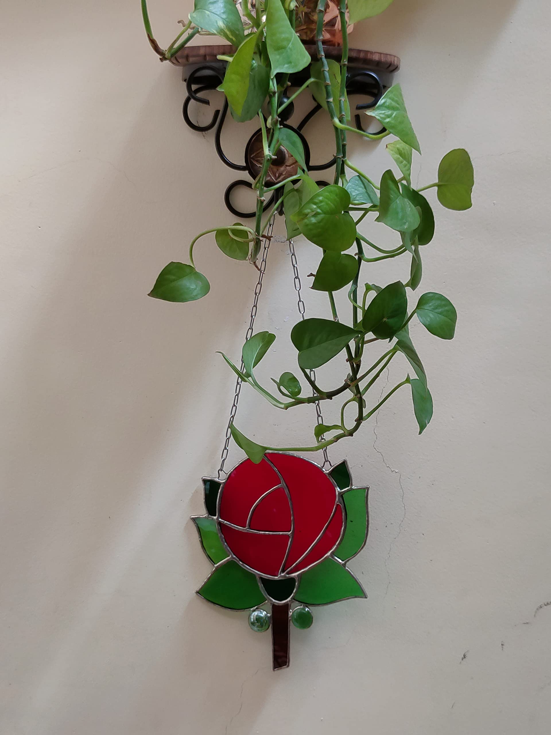 NICHE KRAFTS Stained Glass ‘Red Rose’ Hanging, Decoration, Home Décor, Handmade, Tiffany Style, Flower & Leaves, Unique, Size 7.5”x 6.3” 1