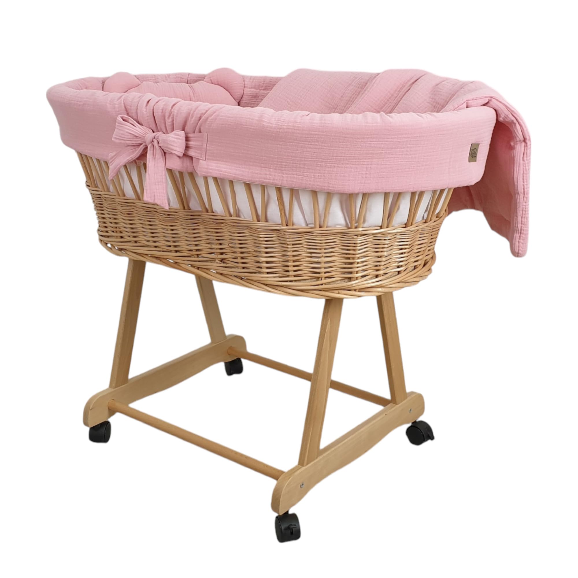 Stubenwagen Baby mit Rollen & Bremse – Moseskorb aus Naturweide inkl. Matratze & Rosa Bettwäsche aus 100% Baumwolle Oeko-Tex – sicher & mobil – Modell Amelia