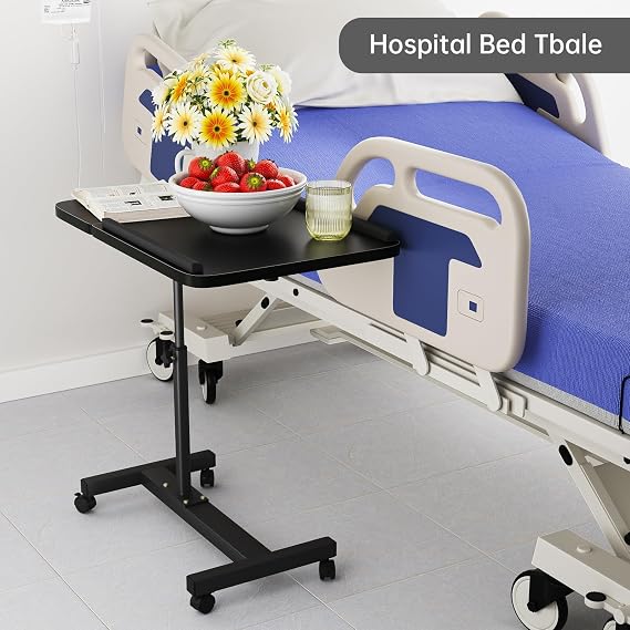 Adjustable End Table Overbed Bedside Table with Wheels, Standing Medical Desk Laptop Computer Cart for Hospital and Home Use,Black