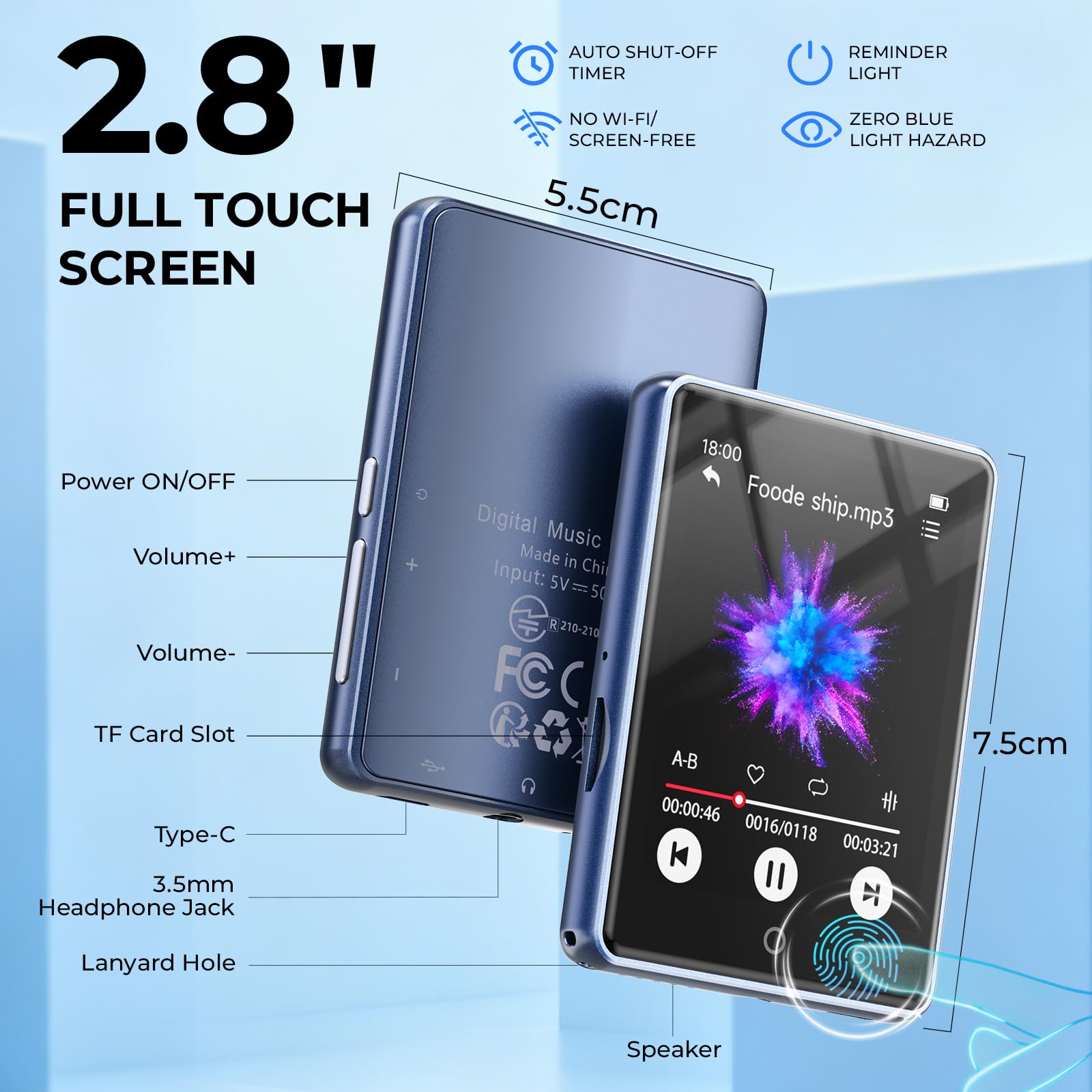 Lettore MP3 Bluetooth 5.3 con Schermo Touchscreen Completo da 2,8 Pollici, Altoparlante Integrato, 32GB (Supporta Fino a 128GB), Riproduttore Musicale HiFi Senza Perdita con Radio FM | Alloggiamento in metallo e design portatile, altoparlante, espandibile