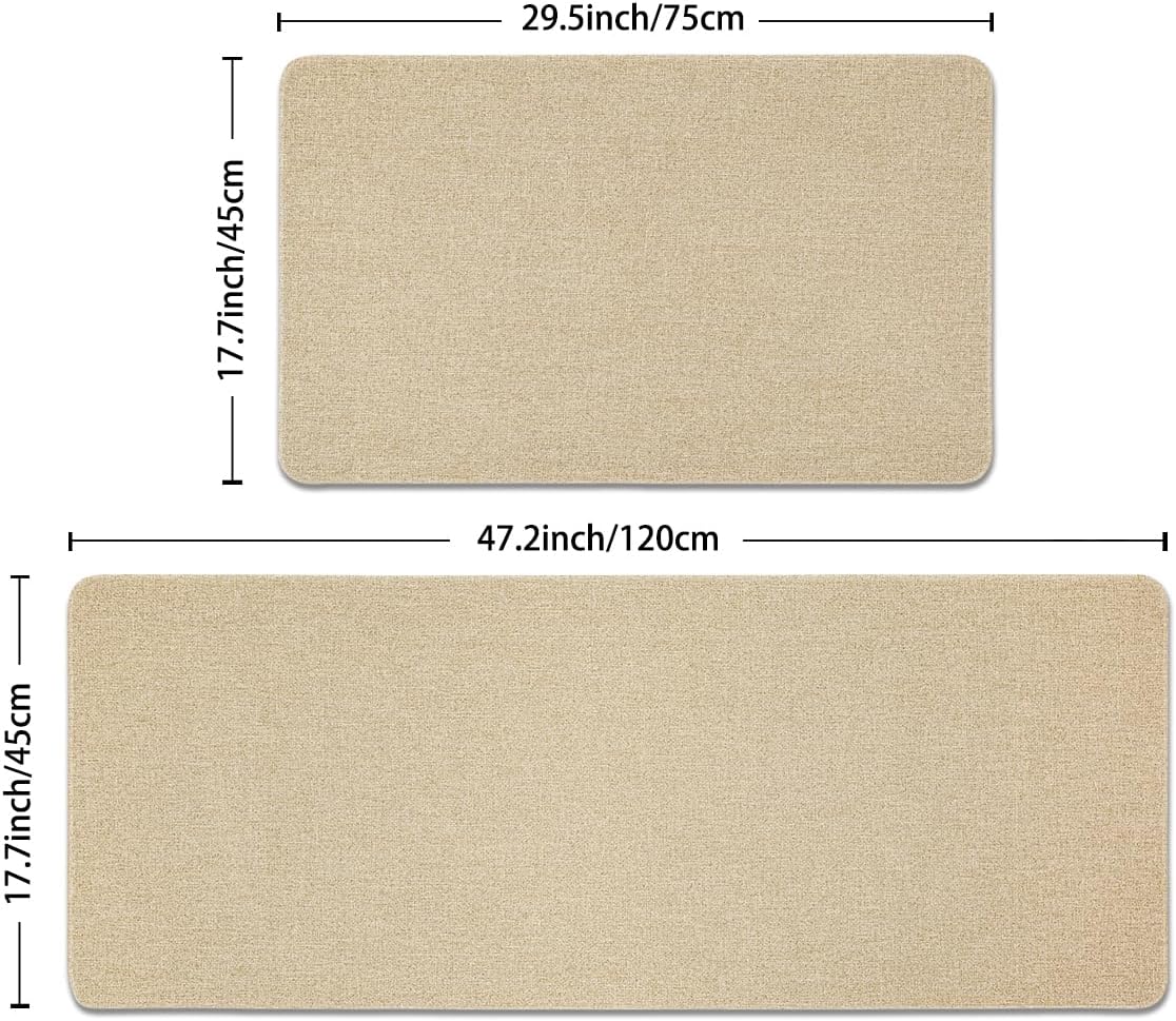 Kitchen Floor Mat Set with Non-Slip Rubber Bottom, Linen Surface, Beige, 2-Piece Indoor/Outdoor Rugs with Rounded Edges(17.7''x29.5''+17.7''x47'')