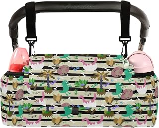 Universal Baby Stroller Organizer Bag Cartoon Dinosaur Footprint Egg, Stroller Organizers with Insulated Cup Holders Watercolor Stripes Detachable Shoulder Strap Storage Carrying Diaper and Snacks