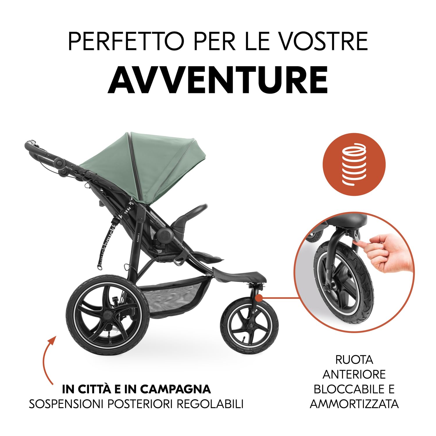 Hauck Runner 3 Verde Giungla Passeggino 3 Ruote d'Aria 22 kg Sospensione Regolabile Freno a Mano Cappottina XL UPF 50+