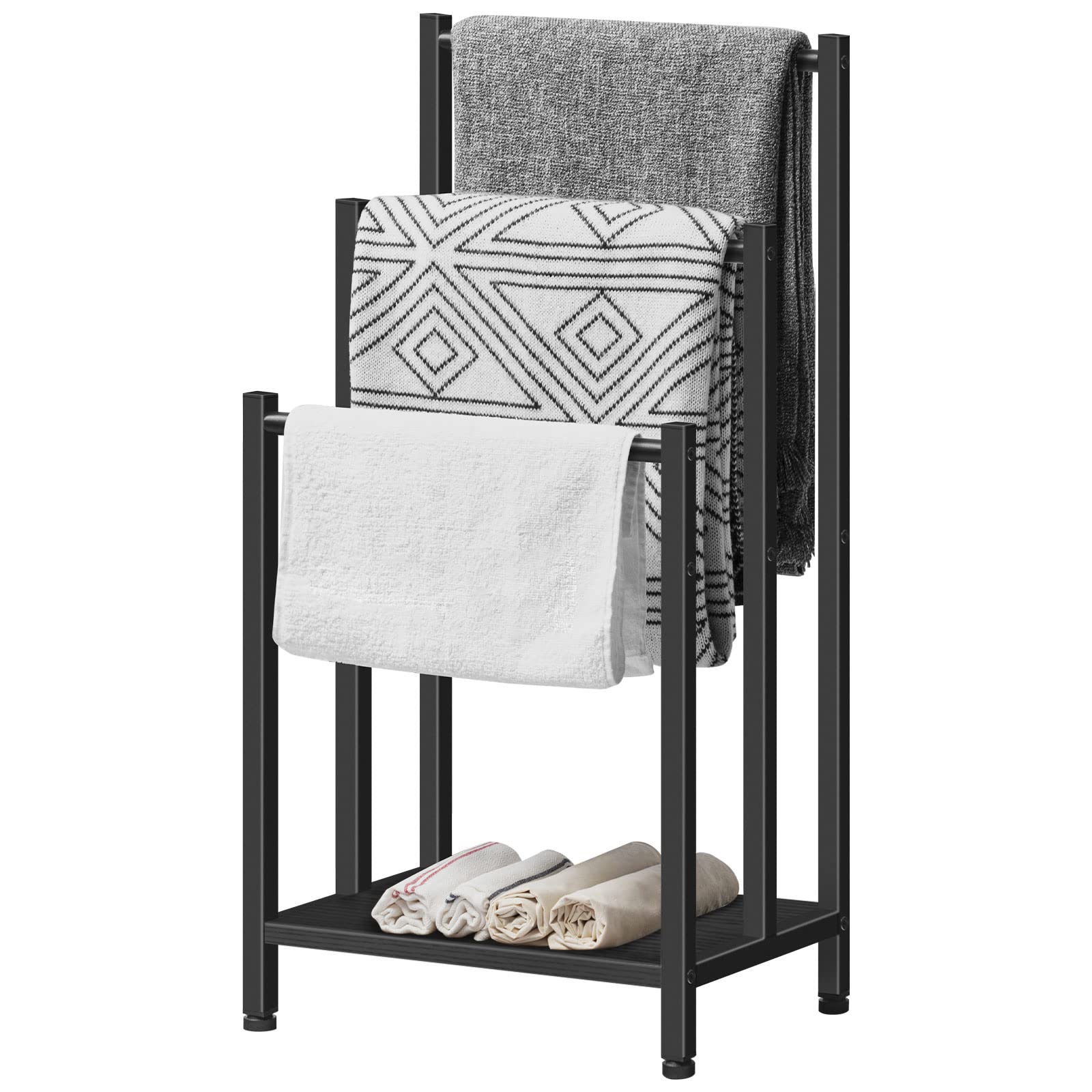 HOOBRO Freestanding Towel-Rack, 3 Tier Blanket Ladder Holder for Bathroom, 16.9" L x 11" W x 31.9" H, Metal Blanket Rack, Industrial Drying and Display Rack with Shelf, Black BB03LB01