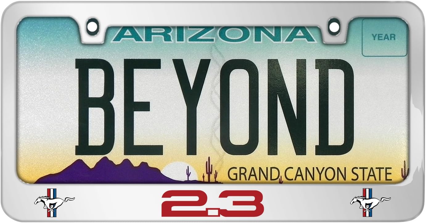 iPick Image Made for Ford Mustang 2.3L EcoBoost in Red Dual Logo 3D Embossed Letters on Mirror Chrome Metal License Plate Frame