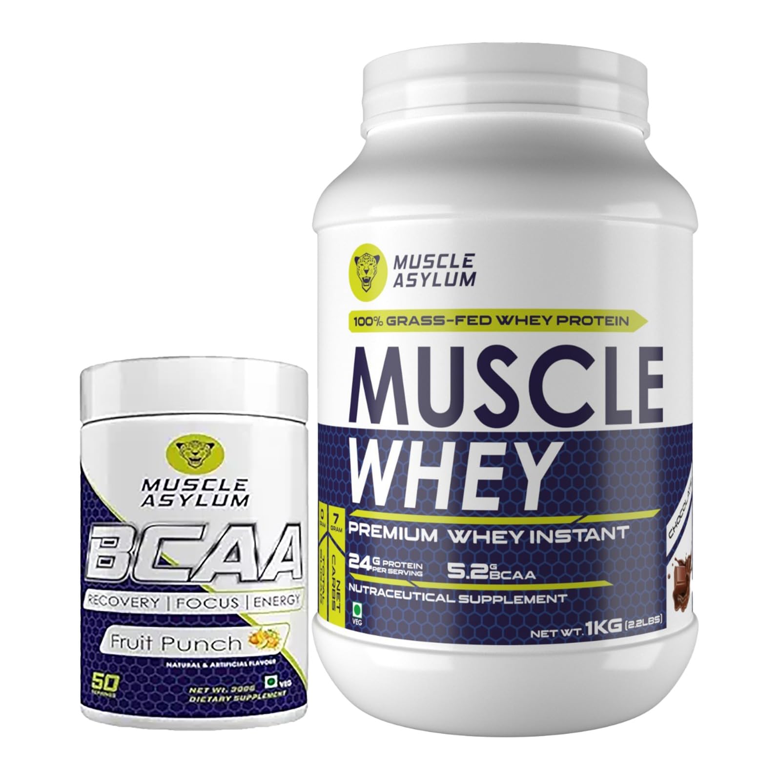Muscle Whey 100% Whey Protein - 24g Protein, 5.29g BCAA -Double Chocolate(25 Servings) - 1 Kg (2.2Lbs) & BCAA - (50 Servings) BCAA L-Tyrosine, Taurine and Theanine (Fruit Punch)