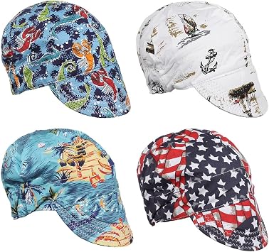 4Pcs Welding Caps, Cotton Welding Hats, Welders Caps with Sweat-absorbing Mesh Liner, Breathable Welding Hats with Elastic Ring for Welders Electricians Power Station Workers