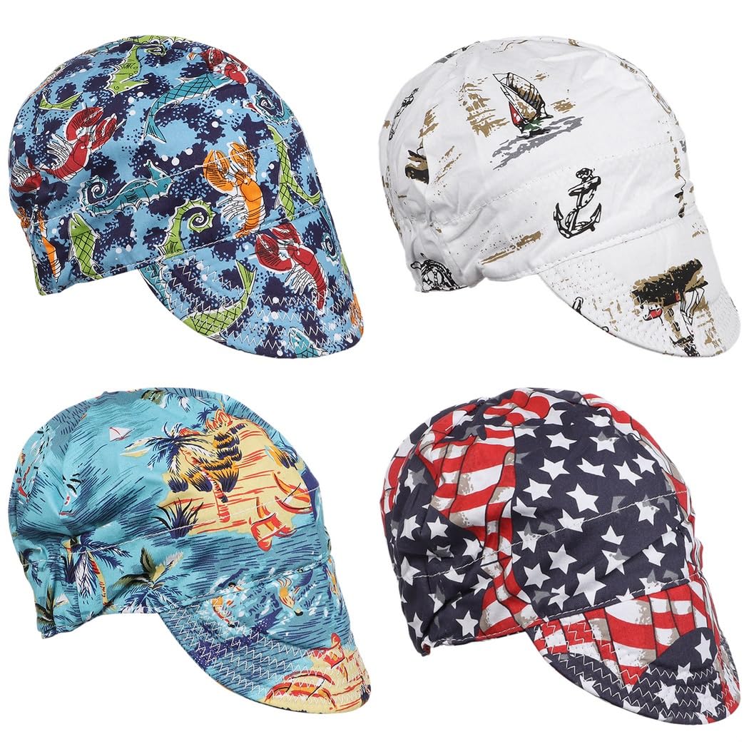 Lot de 4 bonnets de soudage en coton avec doublure en maille absorbant la transpiration, chapeaux de soudure respirants avec anneau élastique pour soudeurs, électriciens, travailleurs de centrale