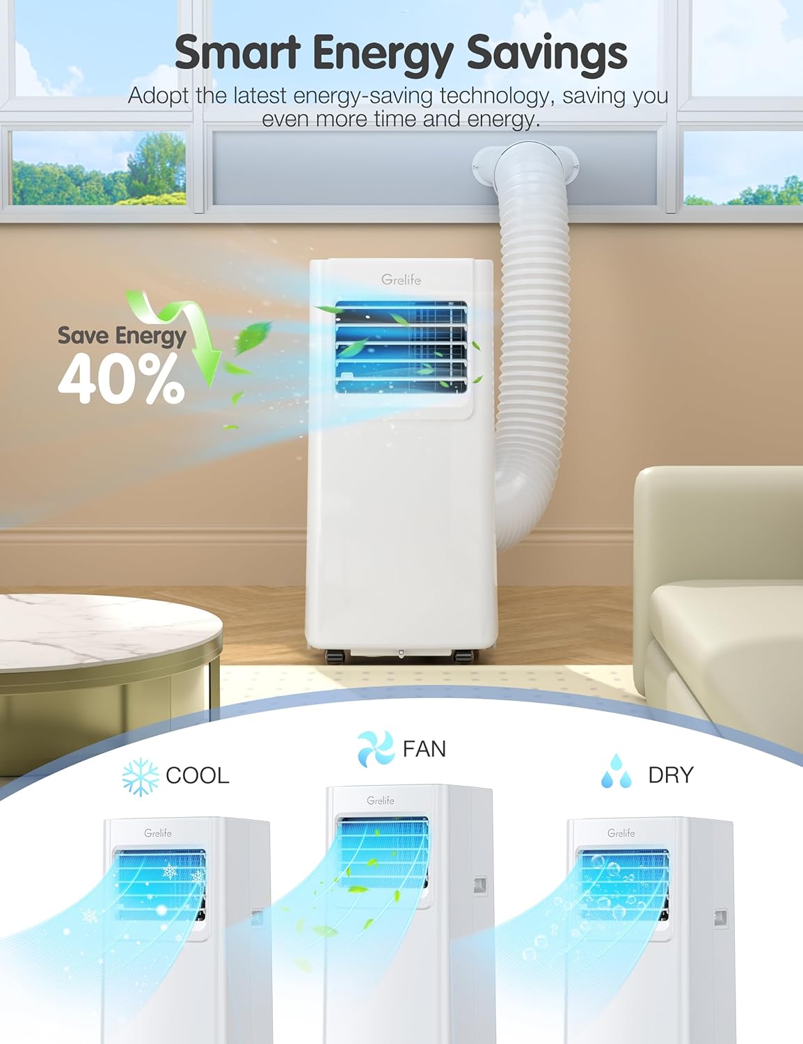 Grelife Portable Air Conditioners Cools Up to 350 Sq.Ft,4-in-1 Energy Portable AC Unit,Smart Control,48dB Quiet,24H Timer for Office, Bedroom Cooler