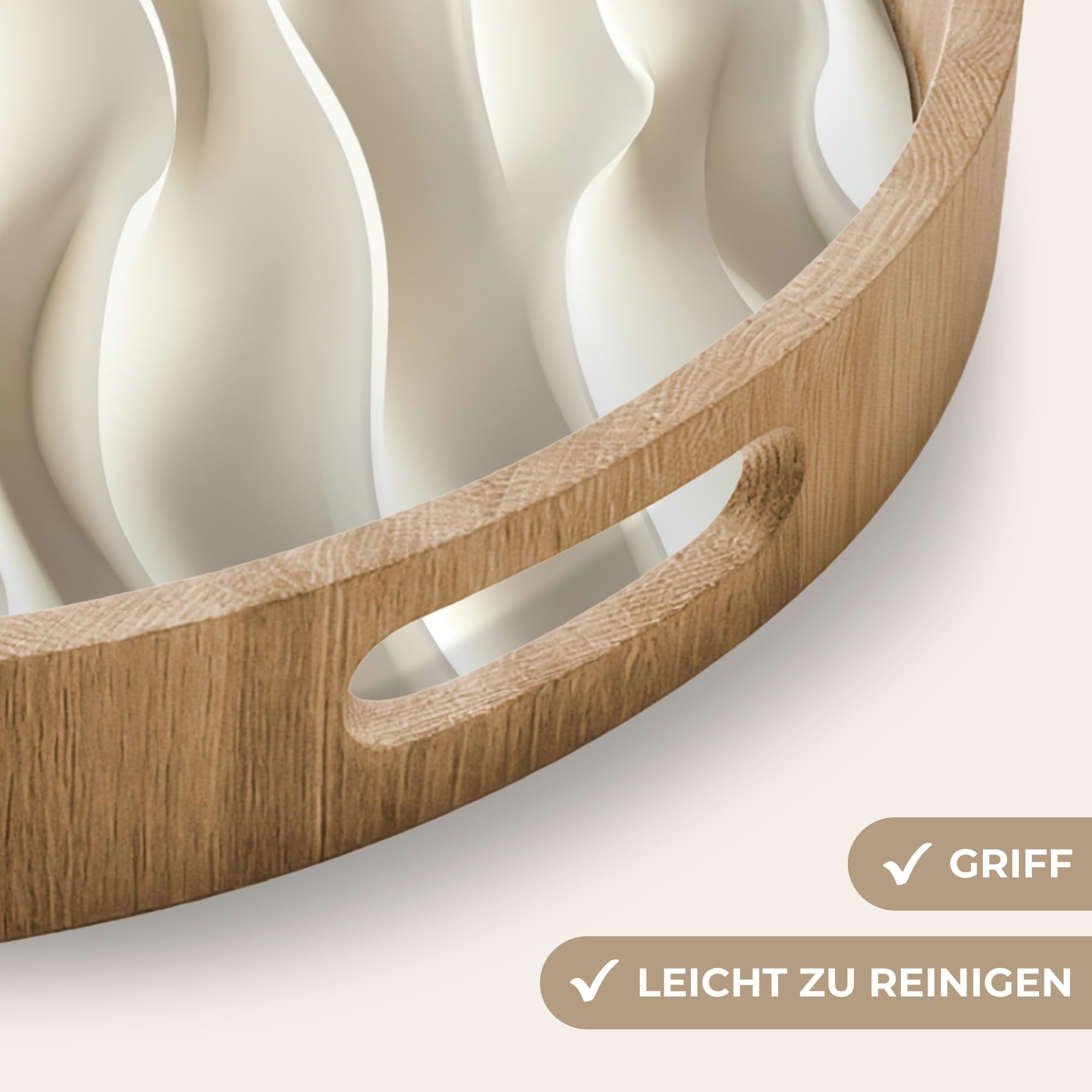 Tablett Rund 40x40 cm Serviertablett rutschfest Griff Küchentablett Servierplatte Eiche Holztablett Hitzebeständig Kaffeetablett Diagonal - Wellen - Creme