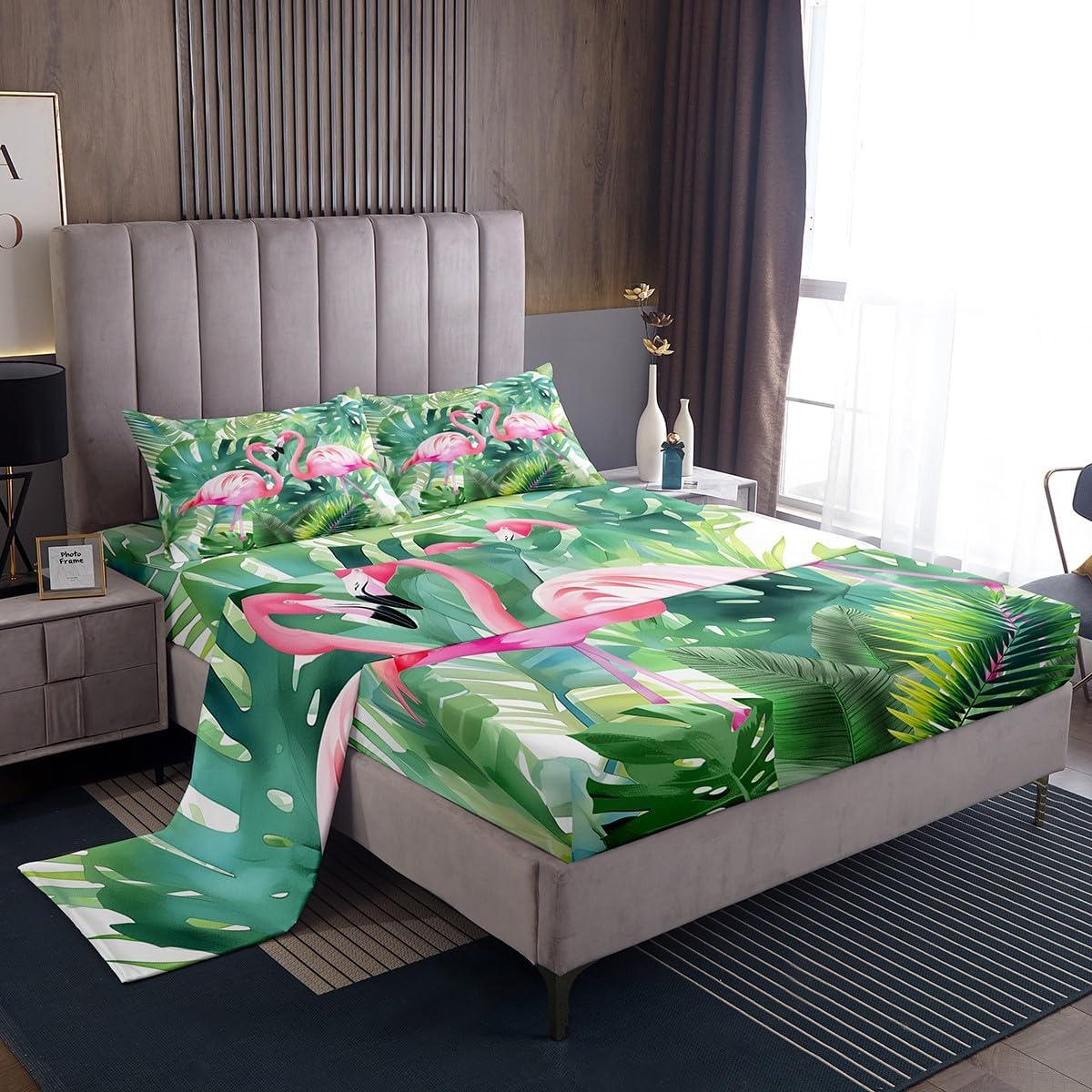 Manfei Tropical Kids Sheet Set King Size, Pink Flamingo Bedding Set for Boys Girls Teens Room Decor, Green Palm Leaves Bed Sheet Set 4pcs with Deep Pocket Fitted Sheet + Flat Sheet + 2 Pillowcases