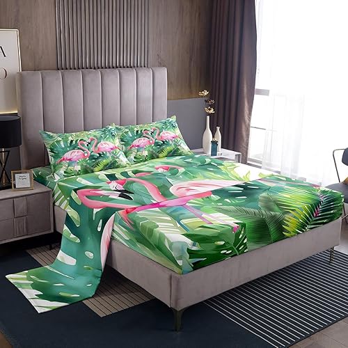 Manfei Juego de sábanas tropicales para niños, tamaño King, diseño de flamenco rosa para niños, niñas, adolescentes, decoración de habitación, juego