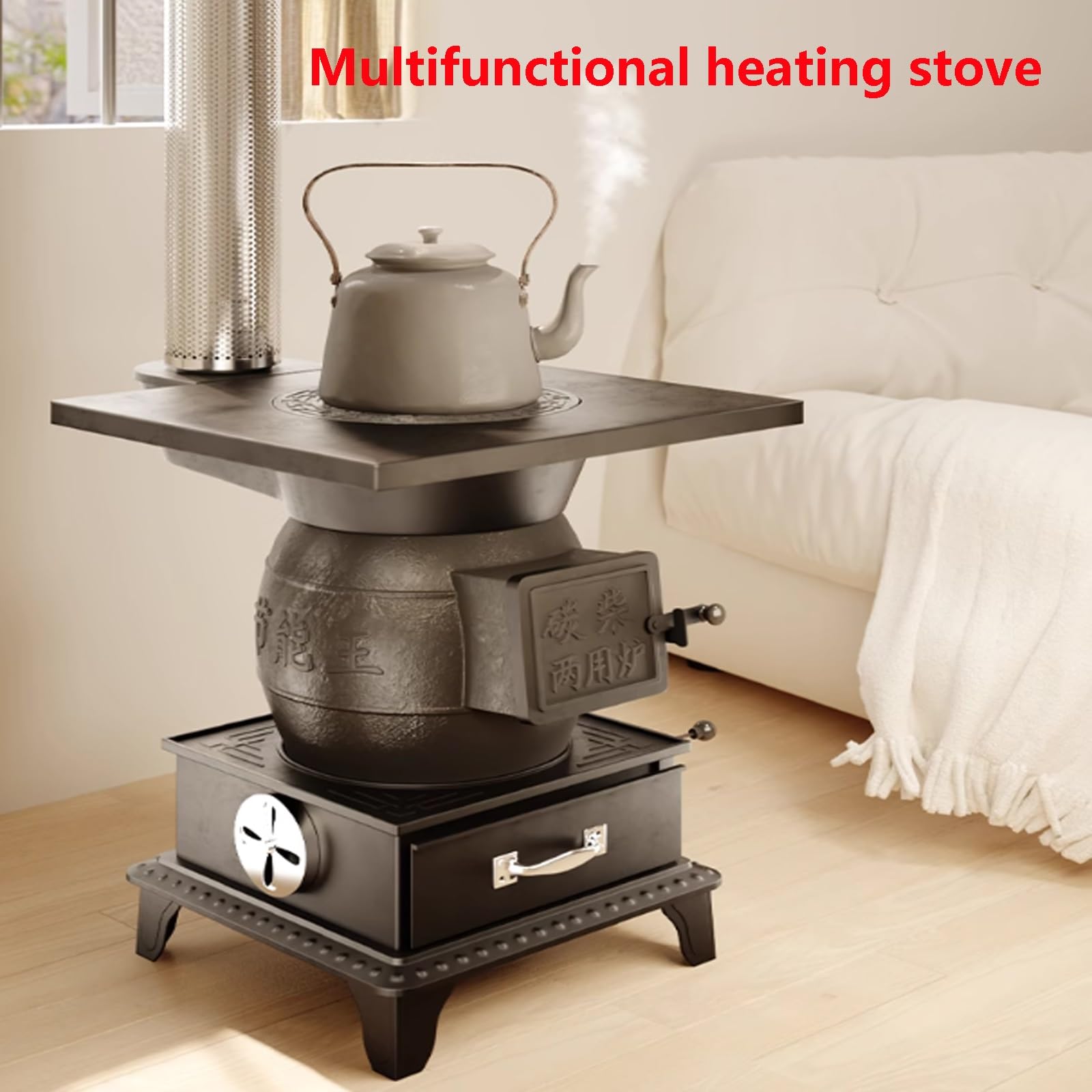 Estufa de leña para interiores con múltiples combustibles, hierro fundido con forro de horno grueso para calefacción y cocina del hogar, chimenea opcional