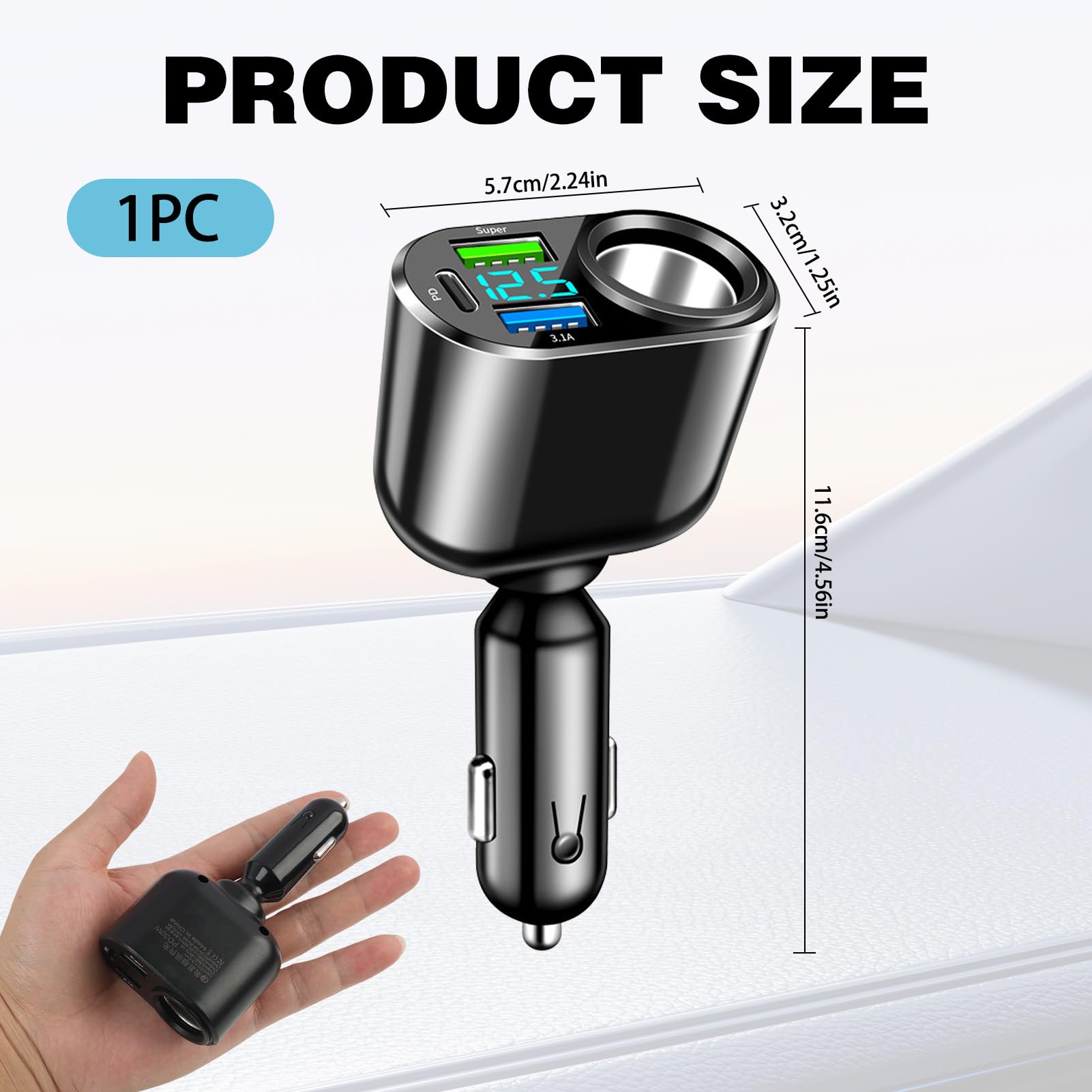 Ładowarka samochodowa 111W USB C, adapter do zapalniczki samochodowej z typem C, szybkie ładowanie 90 W, 66 W Super QC3.0, ładowarka PD 30 W i wbudowany woltomierz LED do samochodów, ciężarówek