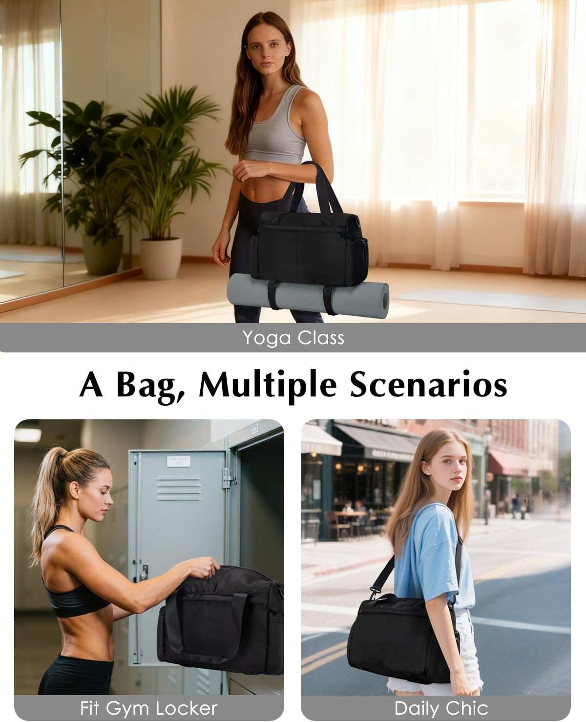 Small Gym Bag, Mini Gym Bag for Women with Yoga Mat Holder and Wet Compartment, Cute Small Yoga Mat Bag with Water Bottle Pocket for Workout Dance, Black - Image 2