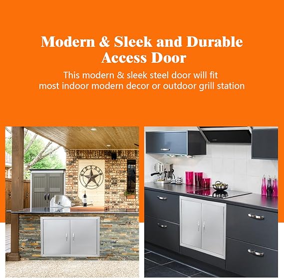 Outdoor Kitchen Doors, 17 W x 24 H Stainless Steel Outdoor Kitchen Doors, Flush Mount BBQ Access Door with Handle for Outdoor Kitchen, BBQ Island, Grilling Station