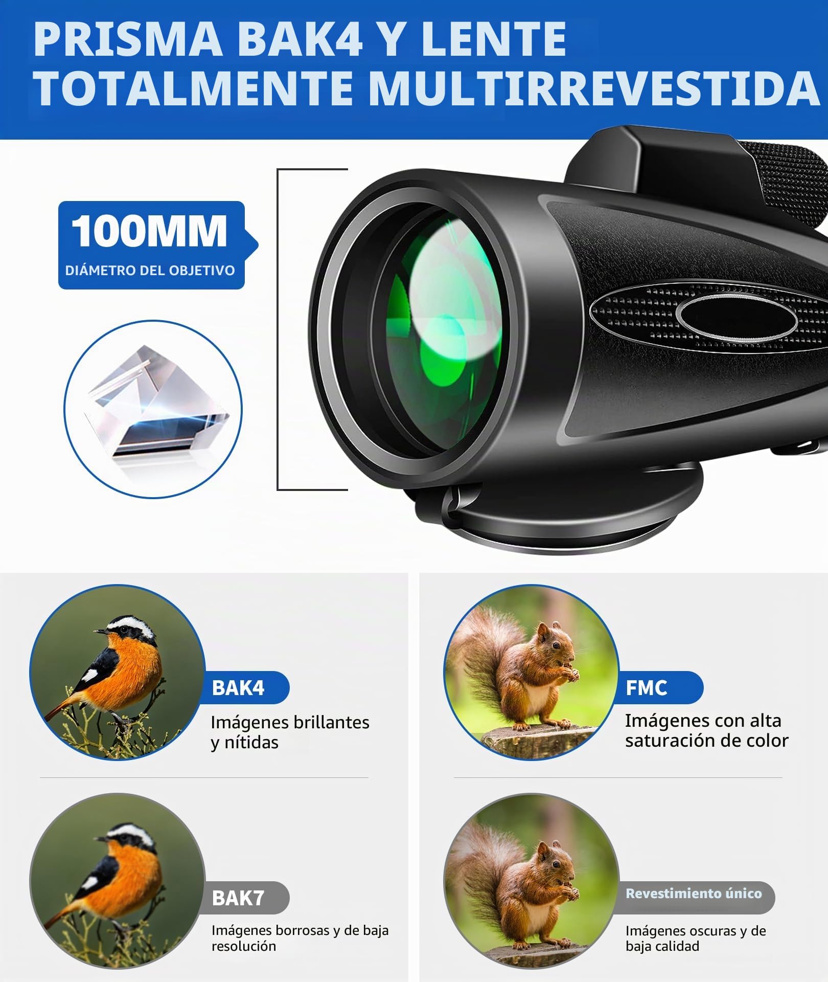 Telescopio monocular de alta potencia 80 x 100 con adaptador de smartphone, trípode y prisma BAK4, adecuado para observación de aves