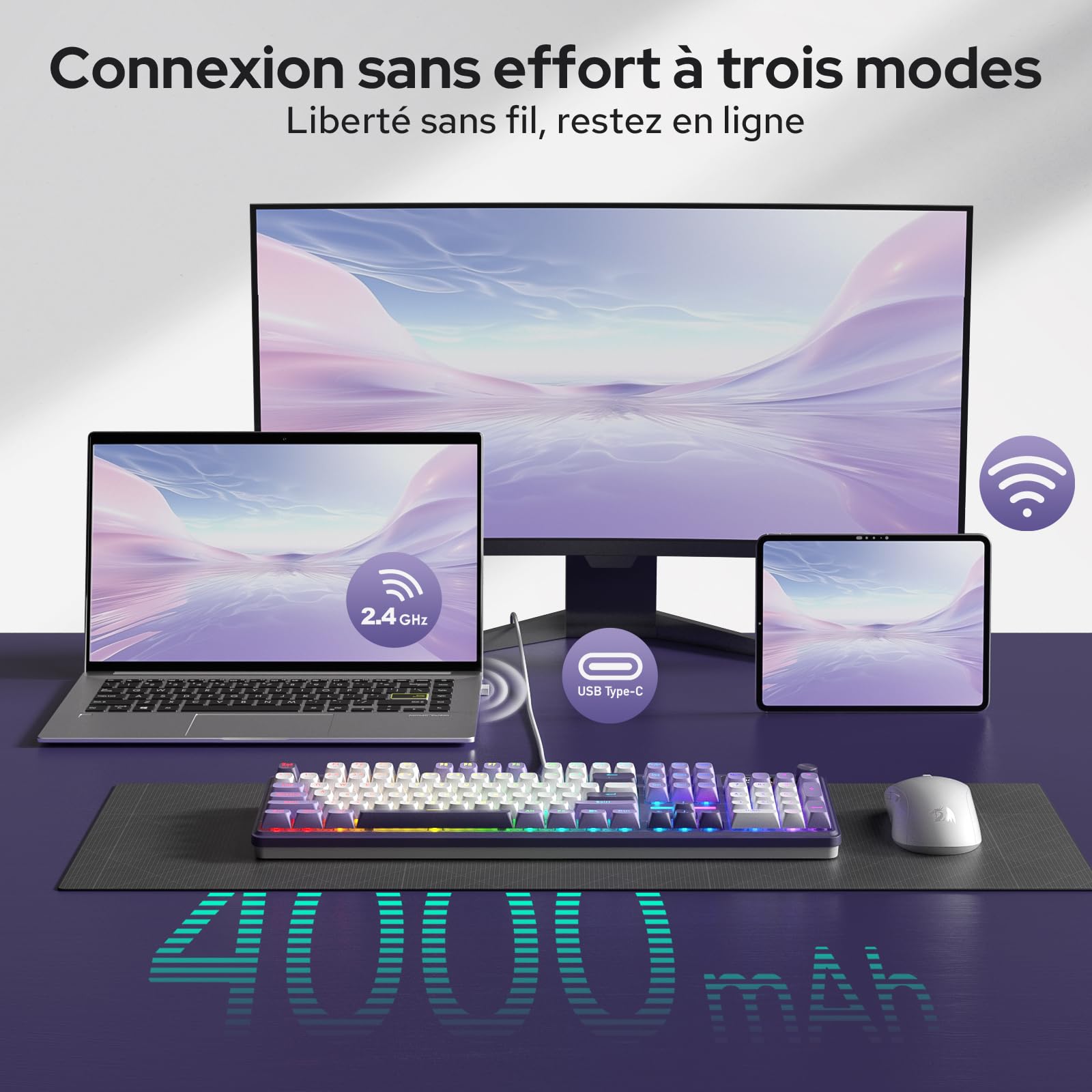 Redragon K762 Pro Clavier Mécanique AZERTY sans Fil Écran TFT et Molette | Tri Mode 2,4 GHz BT USB C Gasket 5 Couches Amortissement Touches PBT Rondes Switch Yolk Linéaire