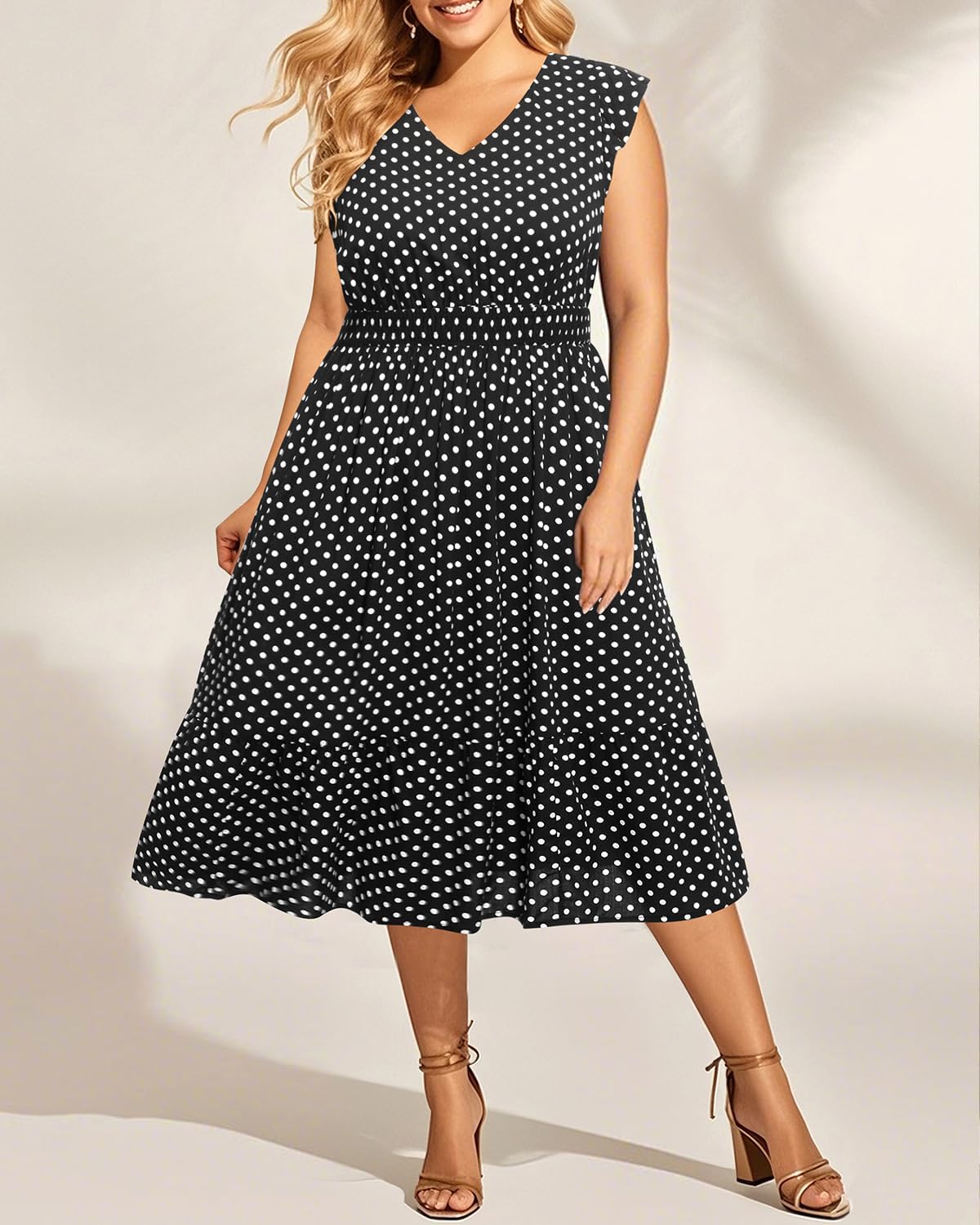 Plus Size Summer Dresses - Boho Casual V Neck Ruffle Sleeve Midi Sundress with Pockets - Image 4