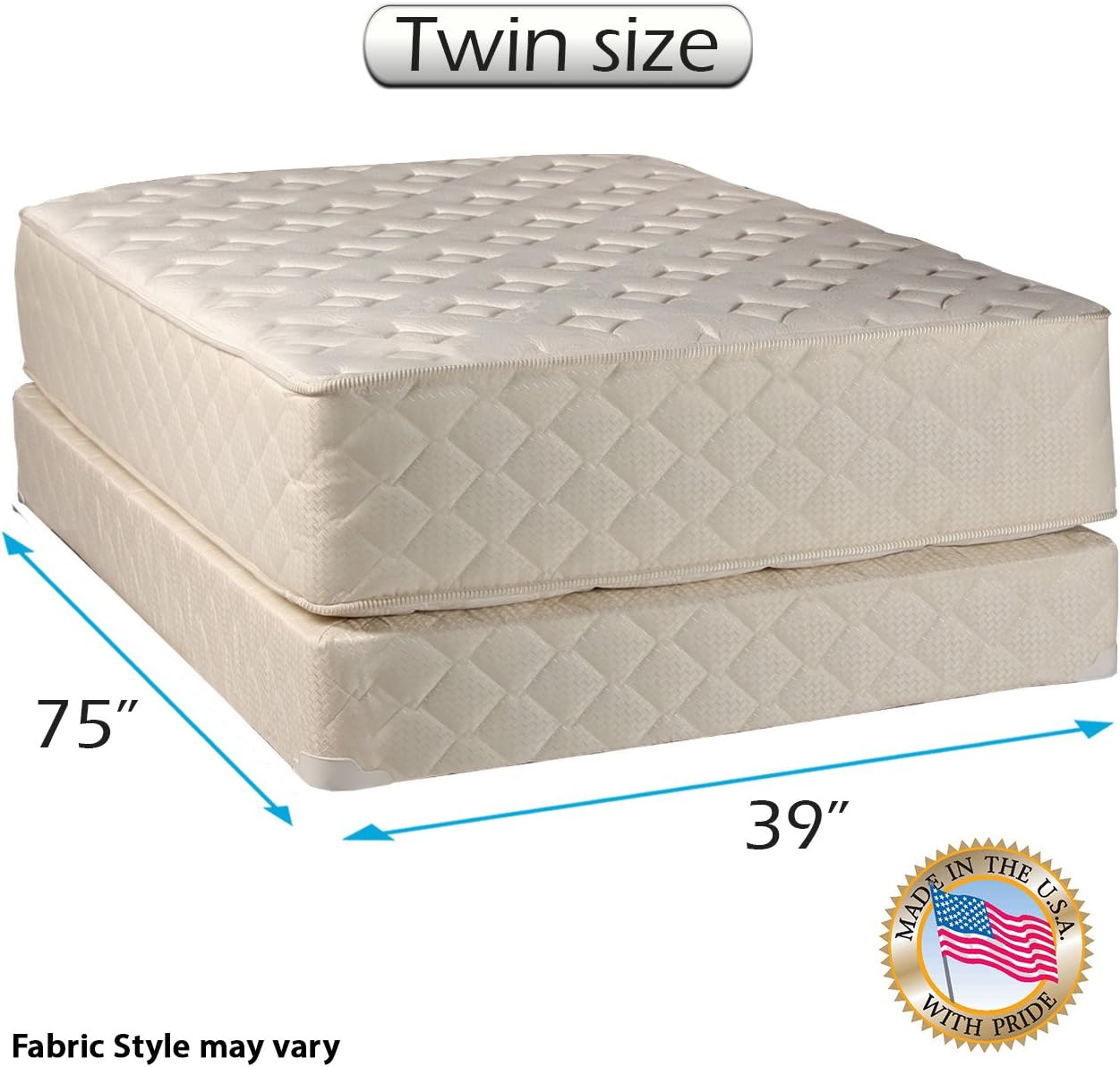 DS USA Highlight Luxury Firm Mattress & Low Profile Box Spring Set with Mattress Cover Protector - Orthopedic, Fully Assembled, Innerspring Coils, Longlasting Comfort (Twin 39"x75"x14")