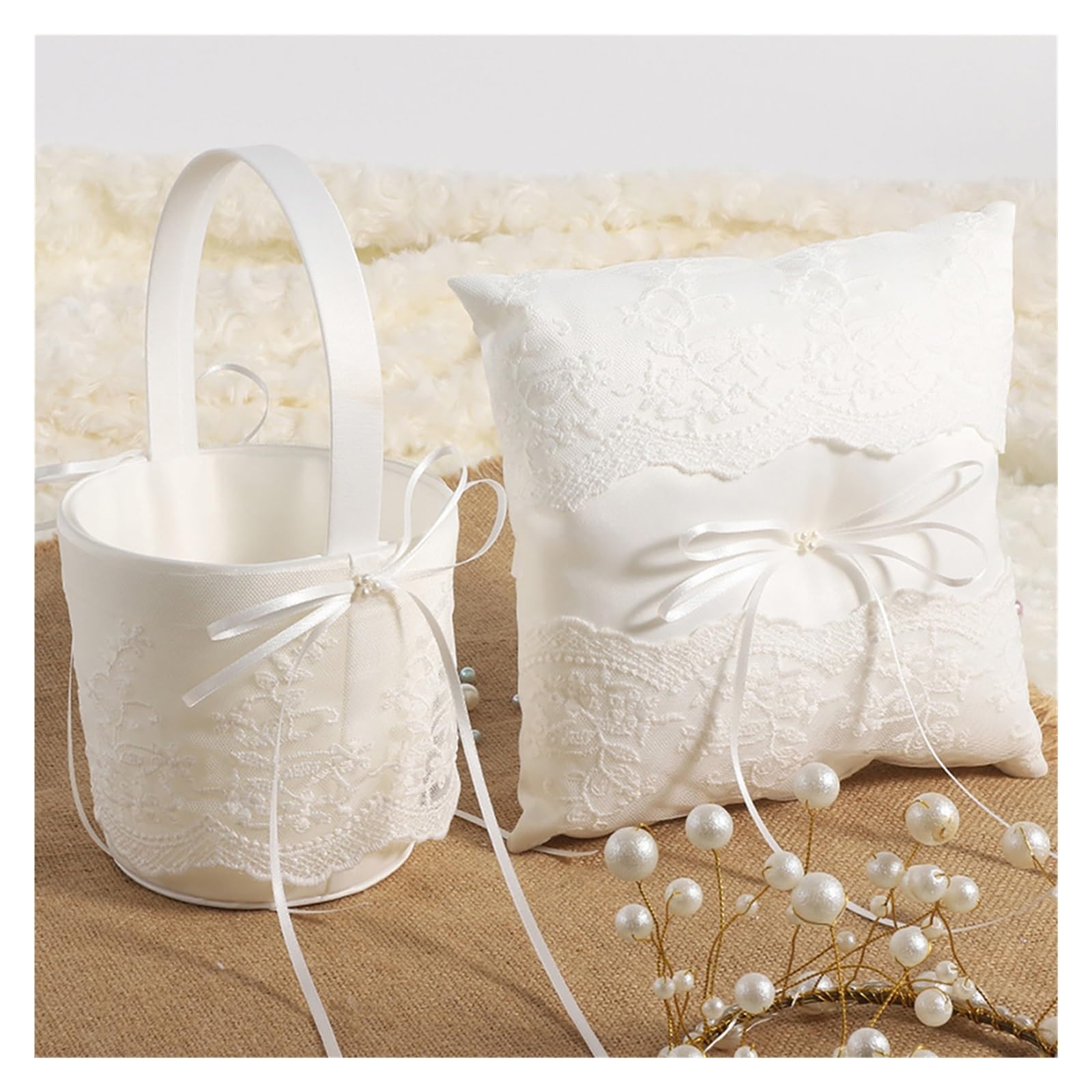 Hochzeit Ringhalter Kissen Set aus Körben und Kissen for Ringträger for Hochzeiten, Blumenmädchen, Perlen-Strasssteine, weiße Satin-Spitze, Partyzubehör-Korb