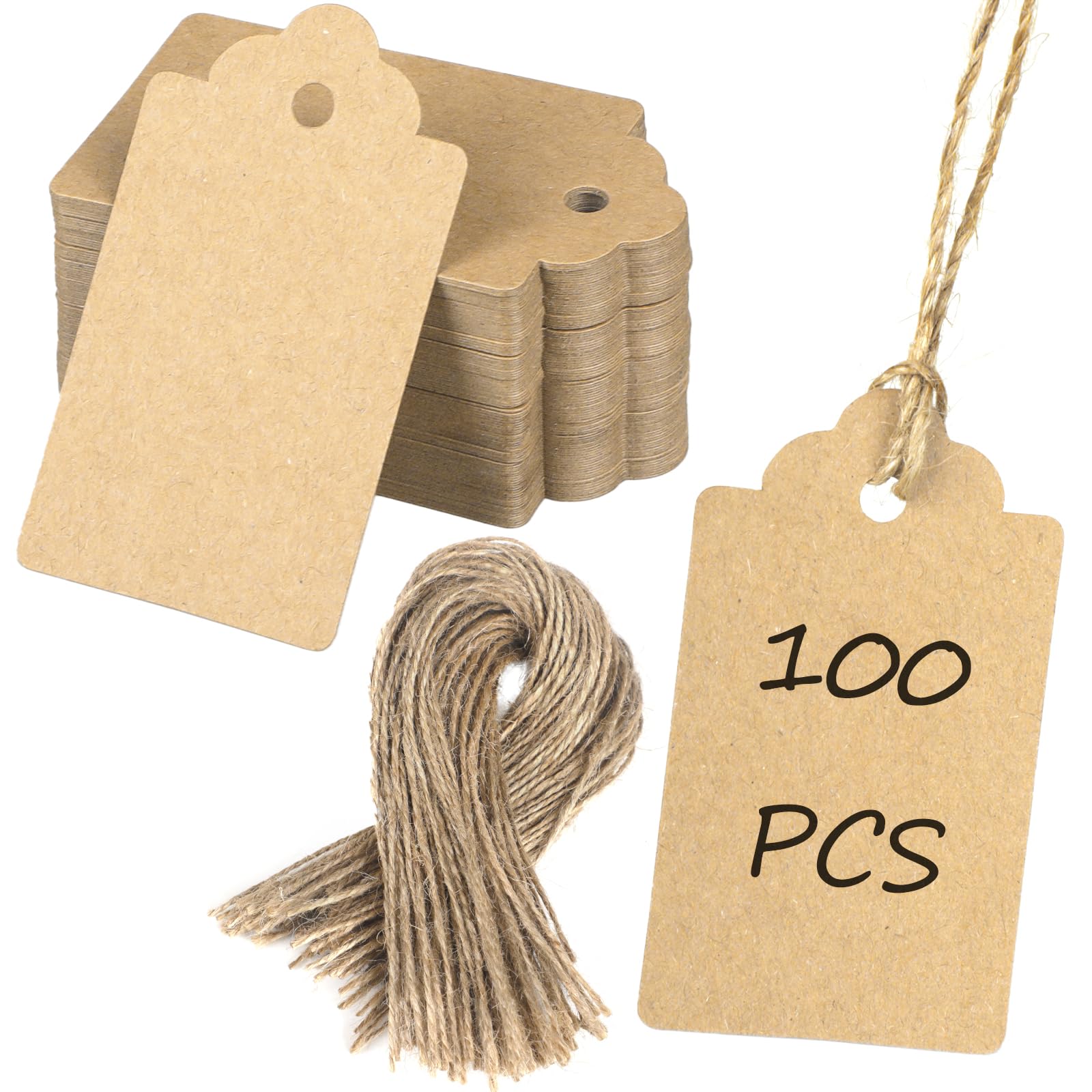Uniclife 100 Pcs Kraft Paper Tags with String Writable Brown Price Tag with Jute Twine Hang Tags for DIY Crafts Clothing Christmas Wedding Birthday Blank Merchandise Marking Tag, 7 cm x 3.94 cm