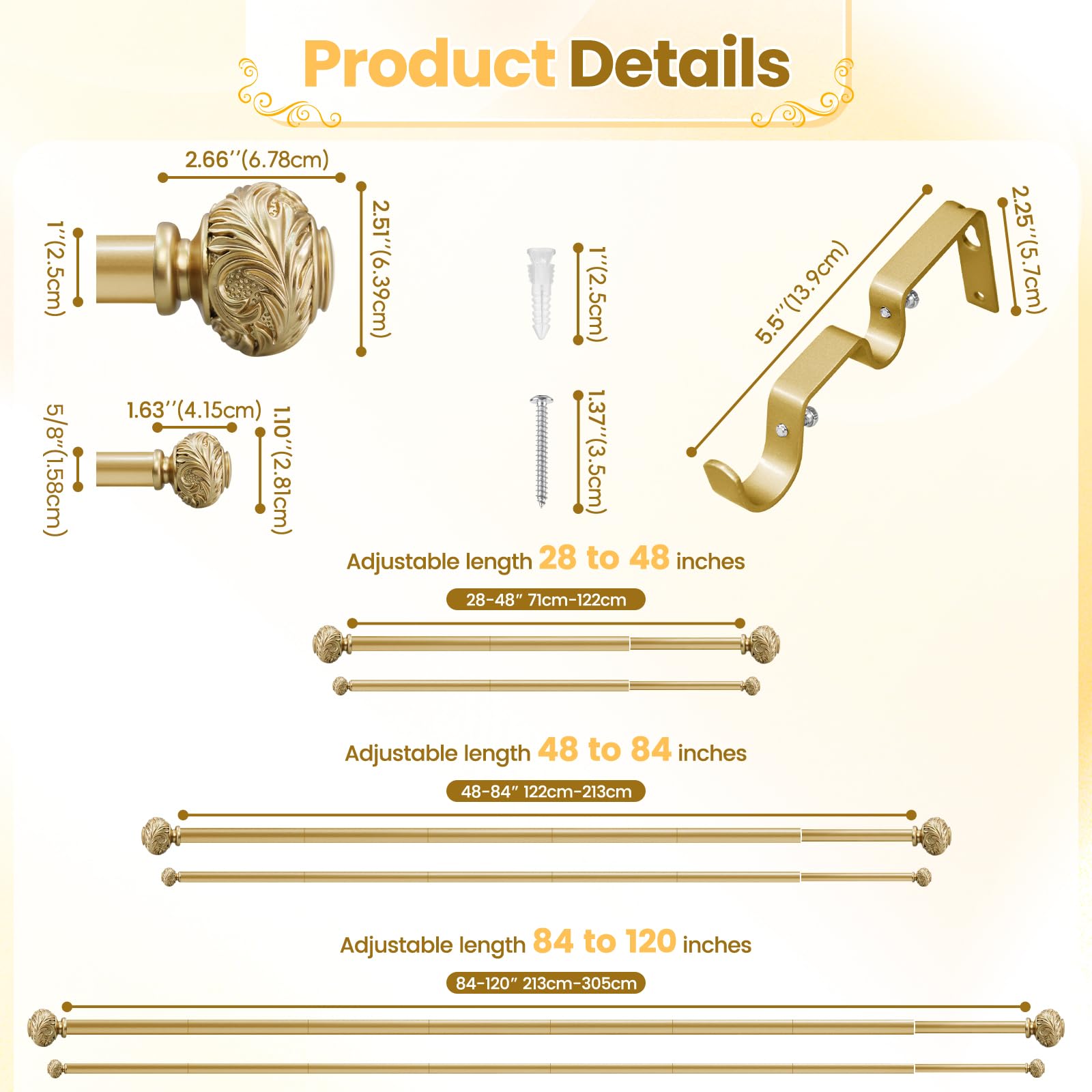Doppelte Gardinenstange, 2,5 cm, goldfarben, 121,9 cm - 213,4 cm