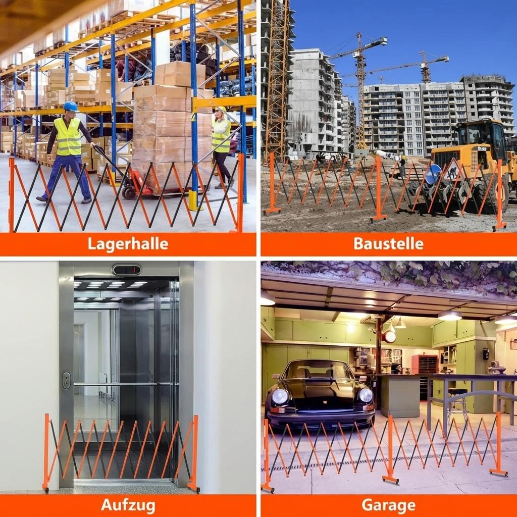 Ausziehbare Metall Absperrung 2.7m, Faltbares Sicherheitsgitter Aus Stahl Mit Rollen, Mobile Scherengitter Absperrbarriere Für Industrie, Lager, Baustelle Und Außenbereich, Schwarz Orange
