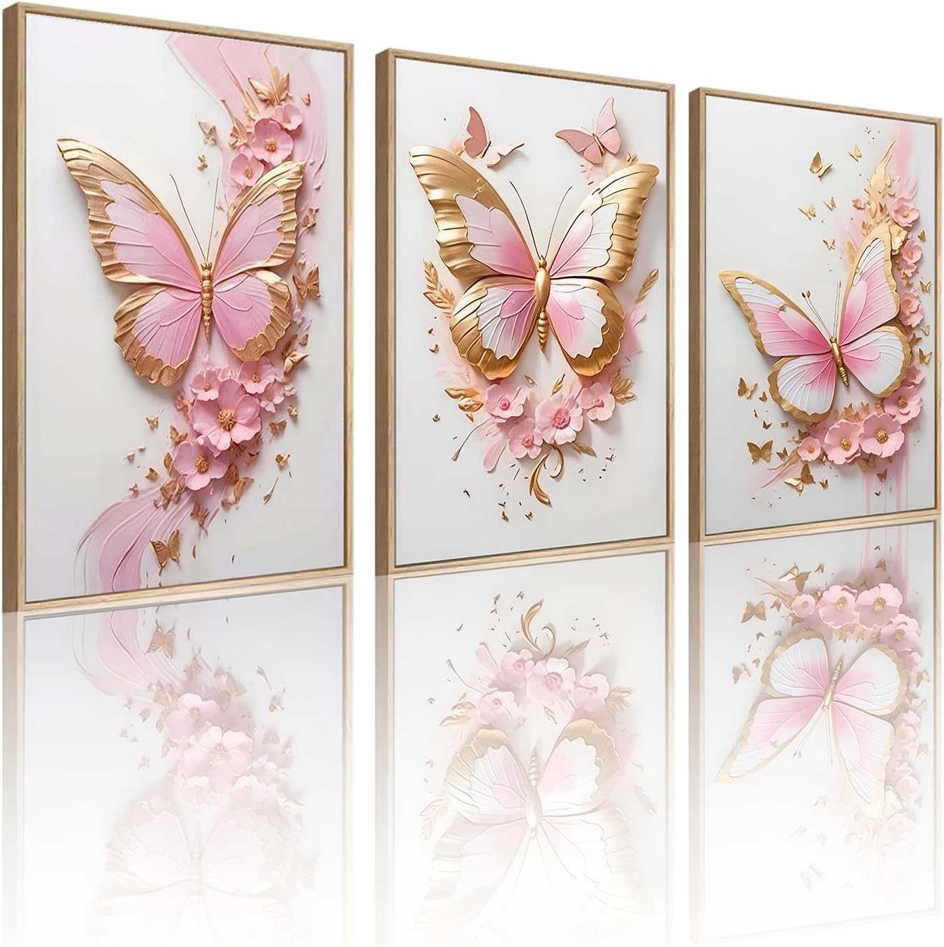 ACWOWO 2D Pink Butterfly Floral Wall Art 3-Piece Set Butterfly Poster Painting Pink Gold Floral Canvas Wall Decor for Girls' Bedrooms Bathrooms Offices Dorm Rooms 12 * 16 In （Canvas