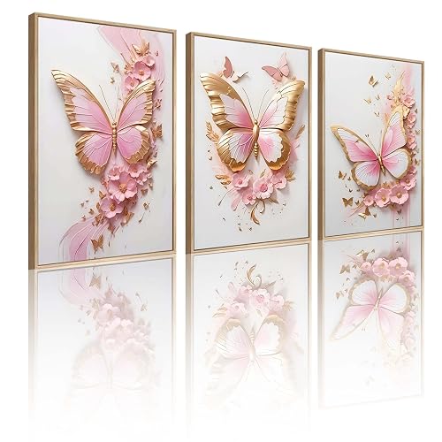 ACWOWO Pink and Gold Butterfly Floral Poster 3-Piece Wall Art