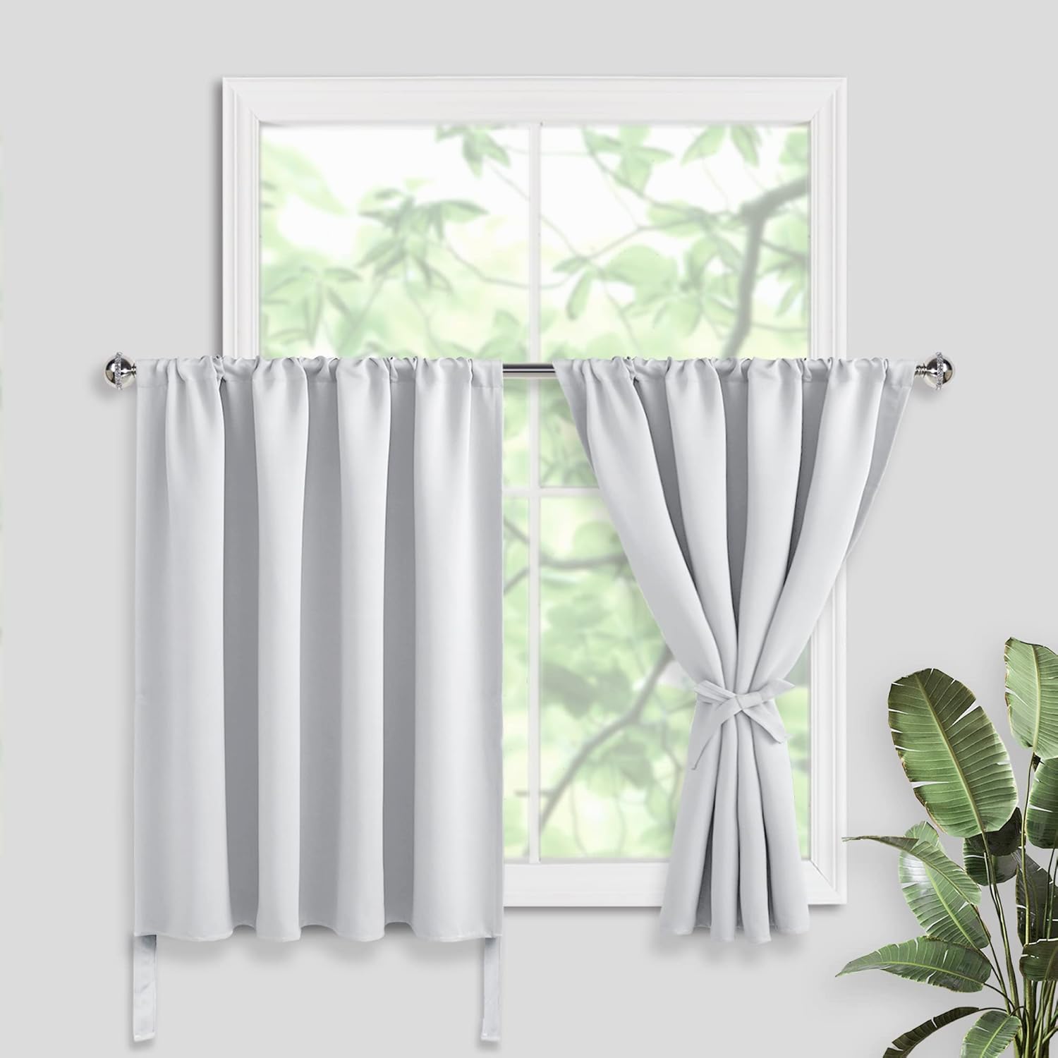 JIUZHEN Short Blackout Curtains for Small Window - Cafe Room Darkening Privacy Thermal Insulated Window Curtains Tiers for Bathroom,Kitchen, W 52 x L 36, Set of 2 Panels with Tiebacks, Greyish White