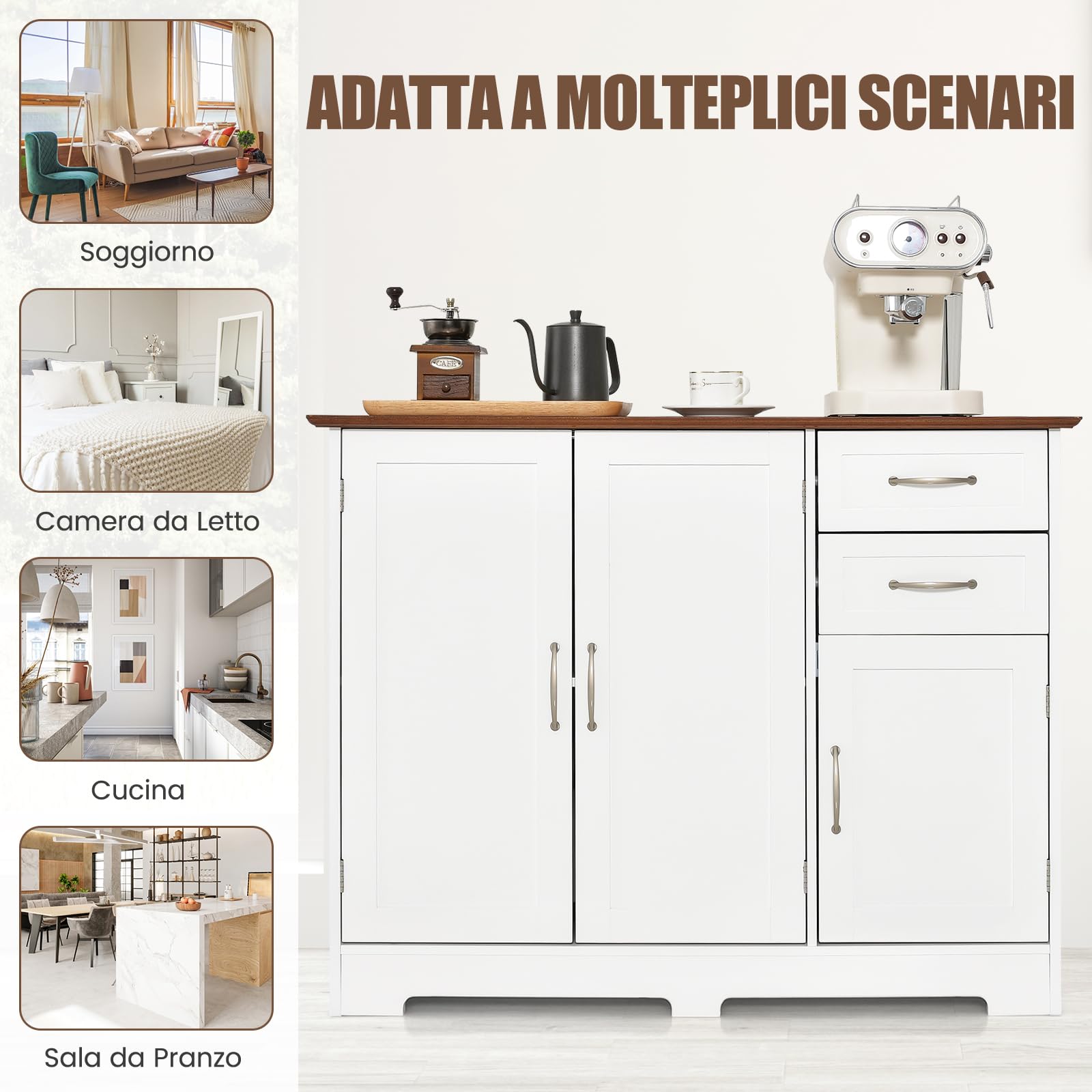 COSTWAY Credenza Buffet, Armadio di Stoccaggio Moderno con 2 Ante e 2 Cassetti, Ripiano Regolabile, per Cucina, Sala da Pranzo, 100 x 40 x 78 cm (Bianco)