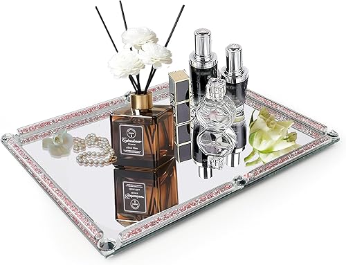 Miniatura 10 de Bandeja de vidrio de cristal, bandeja de maquillaje y perfume de espejo plateado con diamante triturado de 11.8" x 7.9", bandejas de joyería