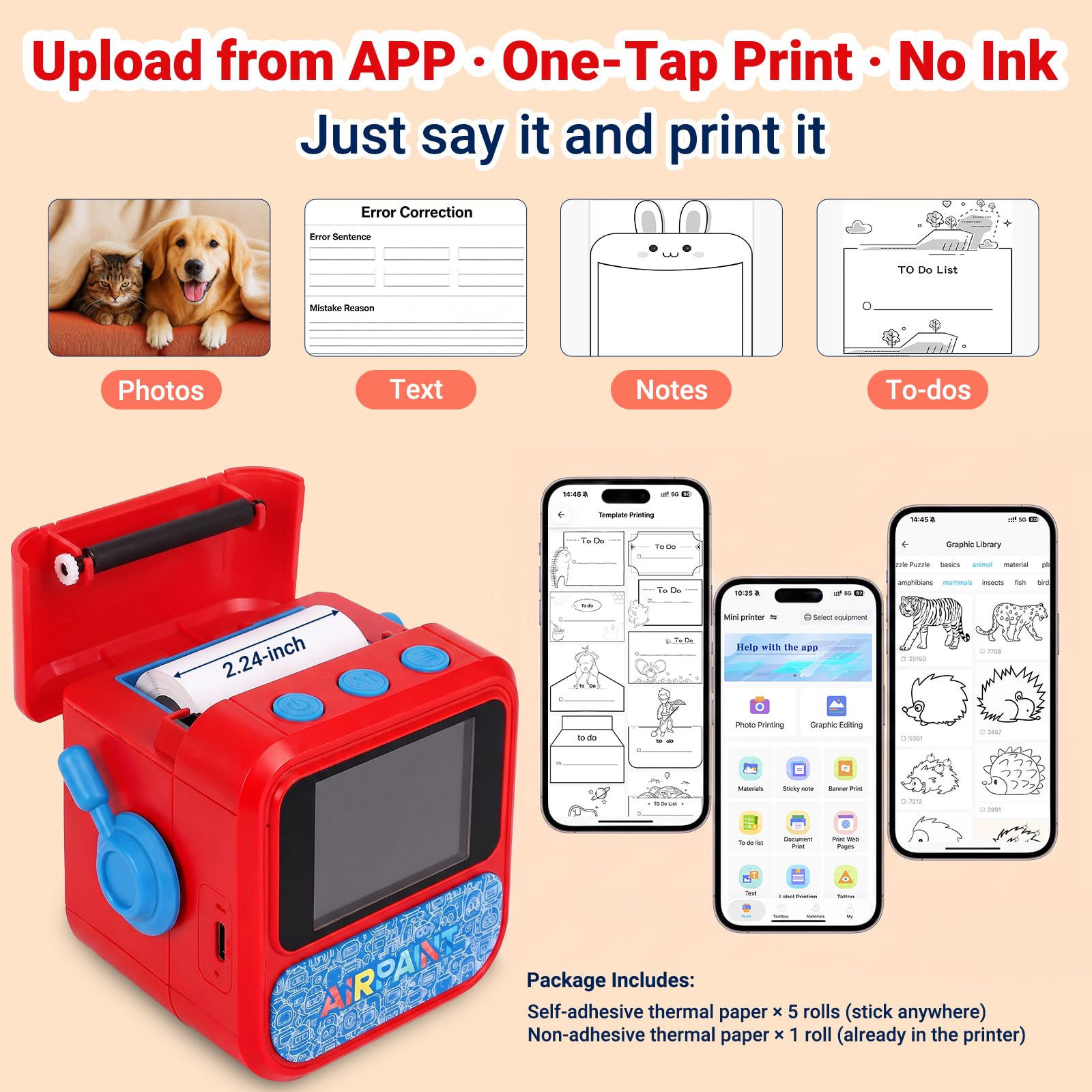 Stampante adesiva AI per bambini, mini stampante termica vocale a stampa, creatore di adesivi portatile senza inchiostro per pagine da colorare, diari, etichette, appunti e artigianato fai da