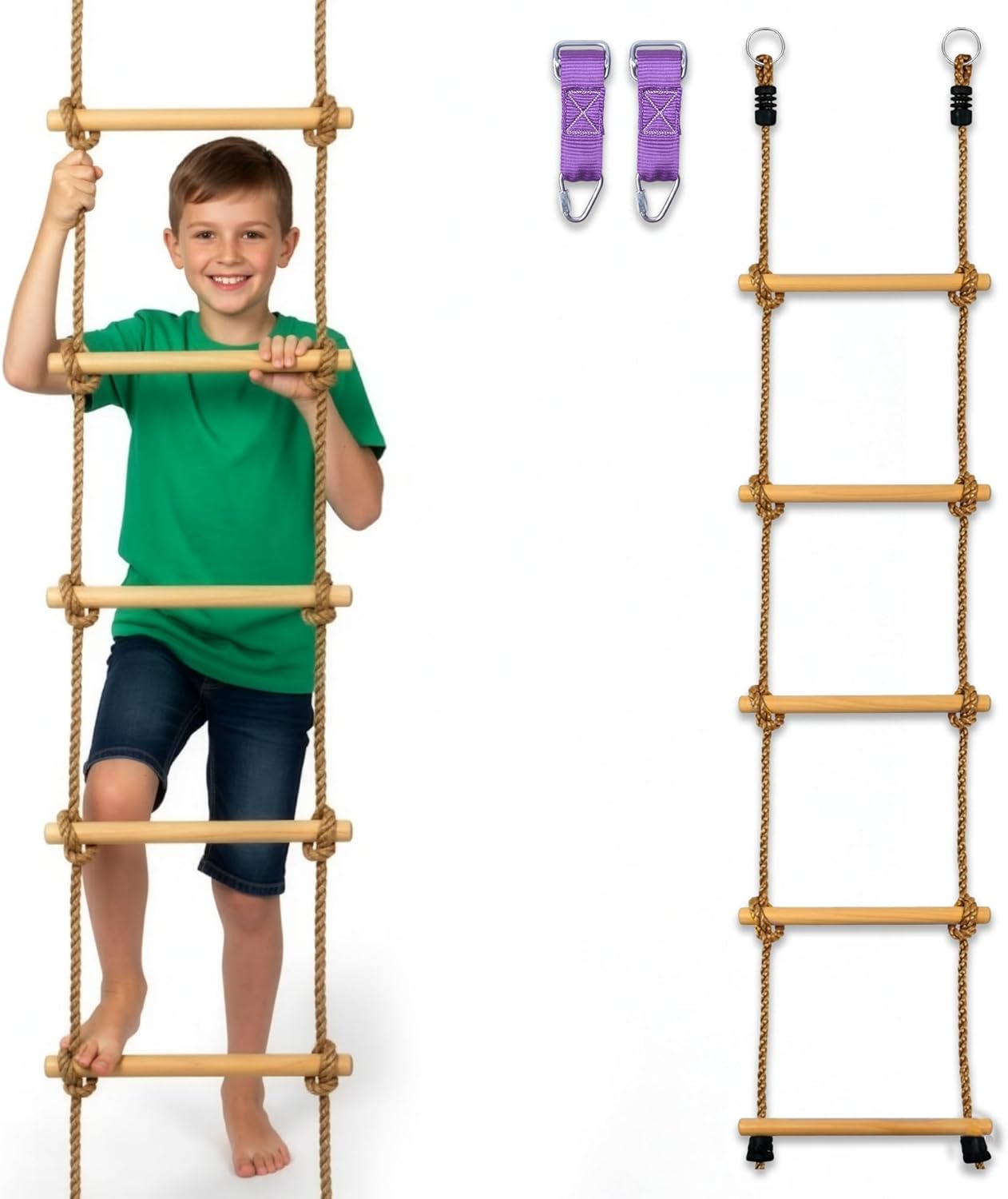 Trailblaze Wooden Rope Ladder for Kids – 6ft Outdoor Climbing Ladder with Real Wood Rungs, Heavy-Duty Rope & 2 Carabiners – Treehouse, Swing Set, Ninja Course & Playground Accessory