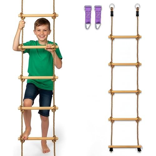 Trailblaze Wooden Rope Ladder for Kids – 6ft Outdoor Climbing Ladder with Real Wood Rungs, Heavy-Duty Rope & 2 Carabiners – Treehouse, Swing Set, Ninja Course & Playground Accessory