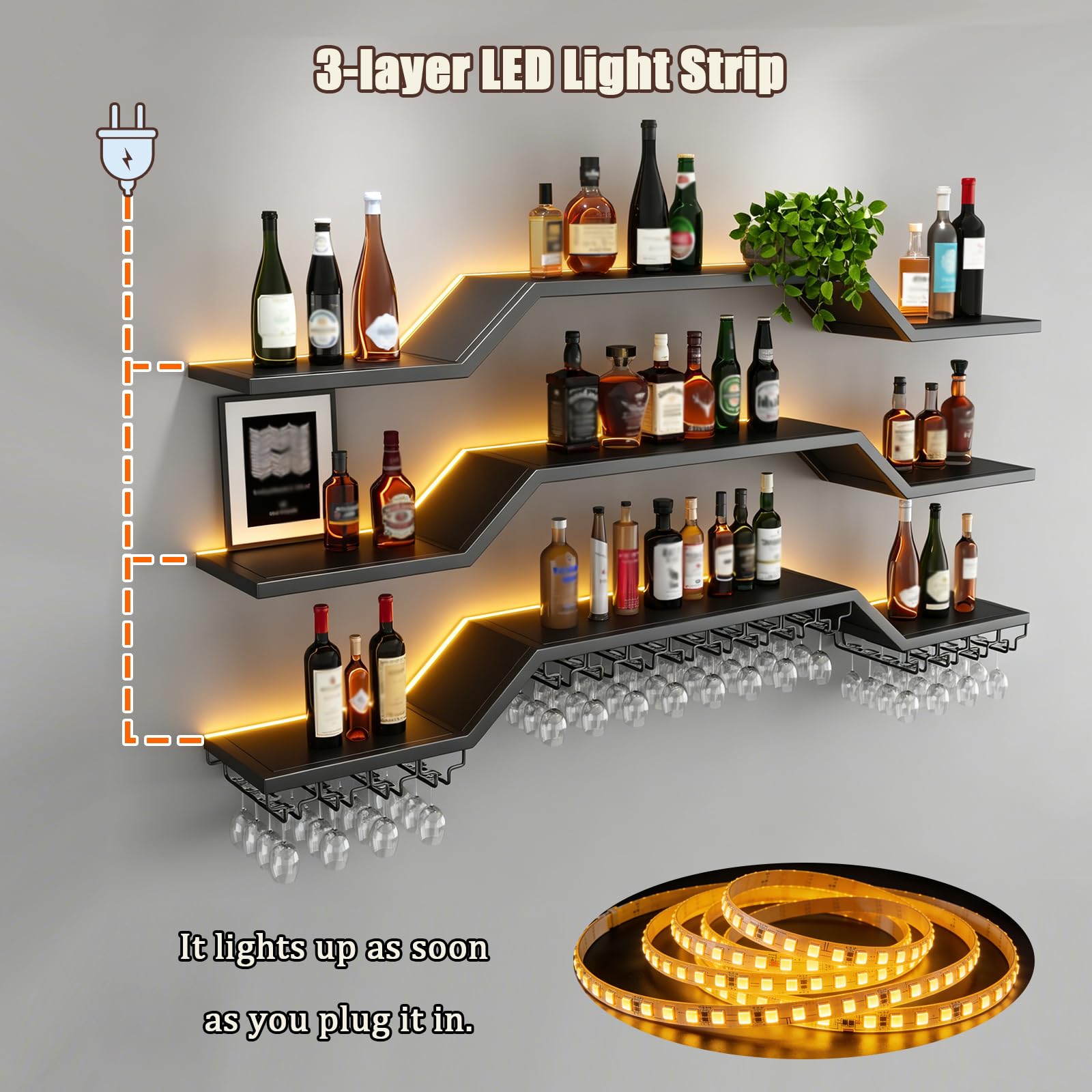 3 Livelli Portabottiglie Da Parete in stile Led industriale (nero, 160cm) | moderno porta vino in metallo con portabicchieri, espositore per bottiglie di vino in metallo, per cucina, bar, caffetteria