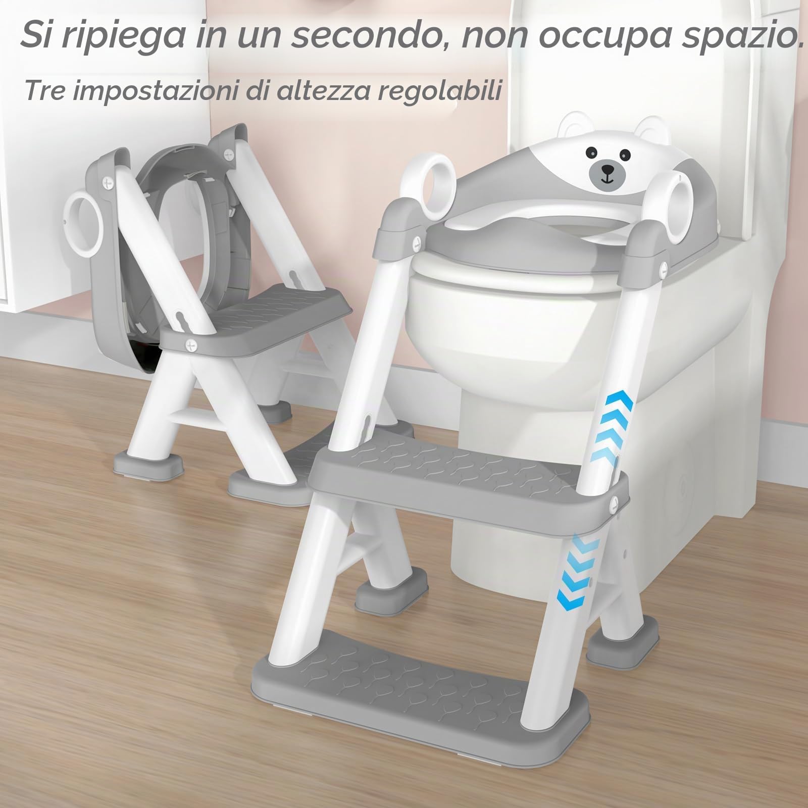 Riduttore WC Bambini, Sedile Rialzato per Bambini Maschi e Femmine, Riduttore WC 2 in 1 con Scaletta, Riduttore WC Sedile del Water con Seggiolino per Bambini, Pedana Antiscivolo Anti-Spruzzo, Grigio