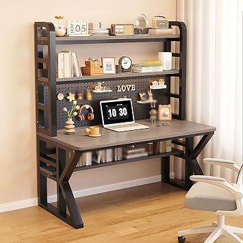 Gaming Desk Computer Desk with Storage Shelves and Pegboard, Solid Wood Writing Desk Large Study Writing Workstation Table Modern Home Office Desk47", Gray Black