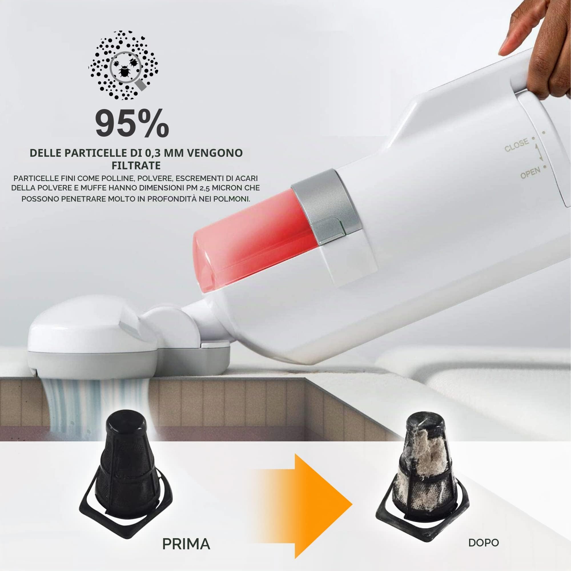 Iris Ohyama, Aspirapolvere antiacaro/battimaterasso, 400W, 6000 vibrazioni/minuto, Qualità del filtro F9, Per materasso, divano - Quilt Cleaner IC-FAC2 - Bianco