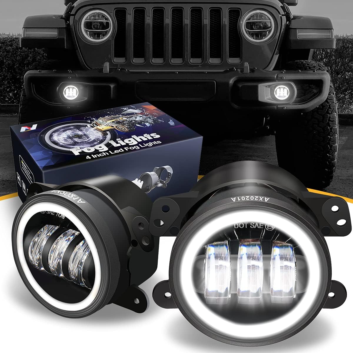 4 Inches LED Fog Lights Assembly w/Halo Ring DRL Turn Signal Compatible with 07-17 Wrangler / 14-18 Cherokee / 11-14 Charger /10-19 Journey (Left & Right) DOT Approved, NVL-FL-001H