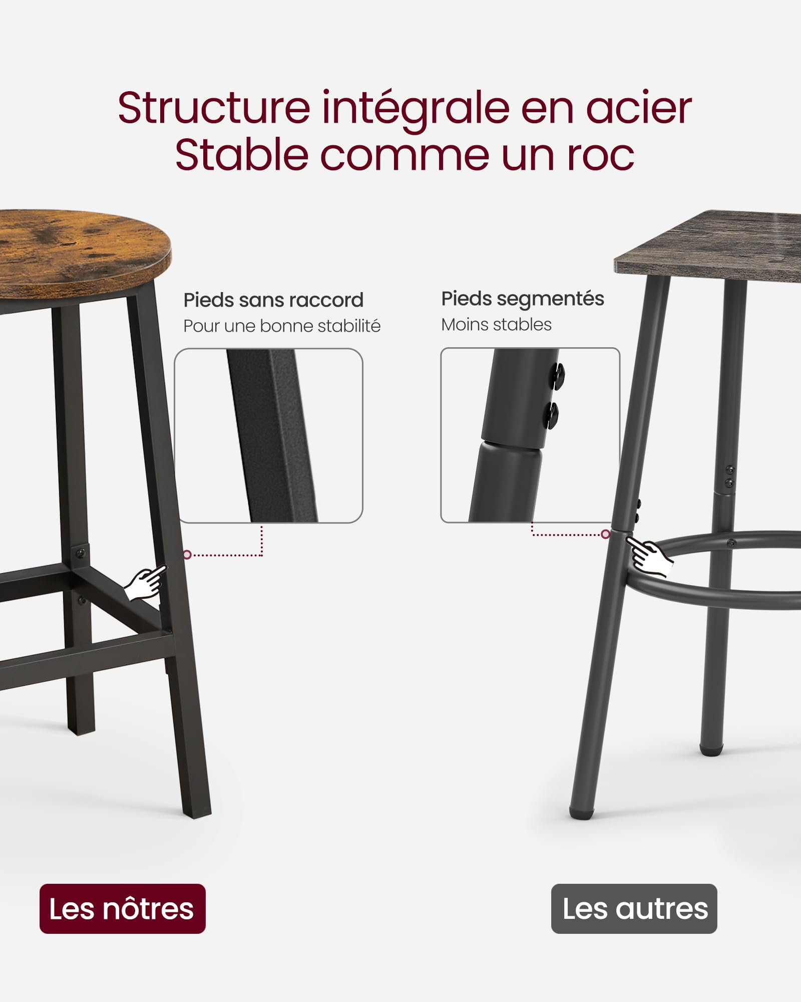 VASAGLE Tabourets de Bar, Lot de 2, Chaises, Siège Haut, Cadre Métallique, Montage Facile, Hauteur 65 cm, Repose-pieds, pour Cuisine, Salon, Salle à Manger, Marron Rustique et Noir LBC32X