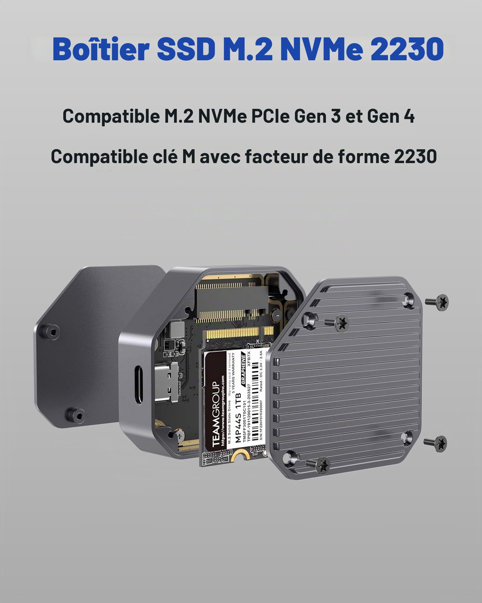 Boîtier SSD 2230, boîtier SSD M.2 NVMe, USB-C 3.1 10 Gbps, compatible avec clé M.2 M et boîtier de disque SSD externe 2230 mm, gris foncé, Ge-MC13-USDG