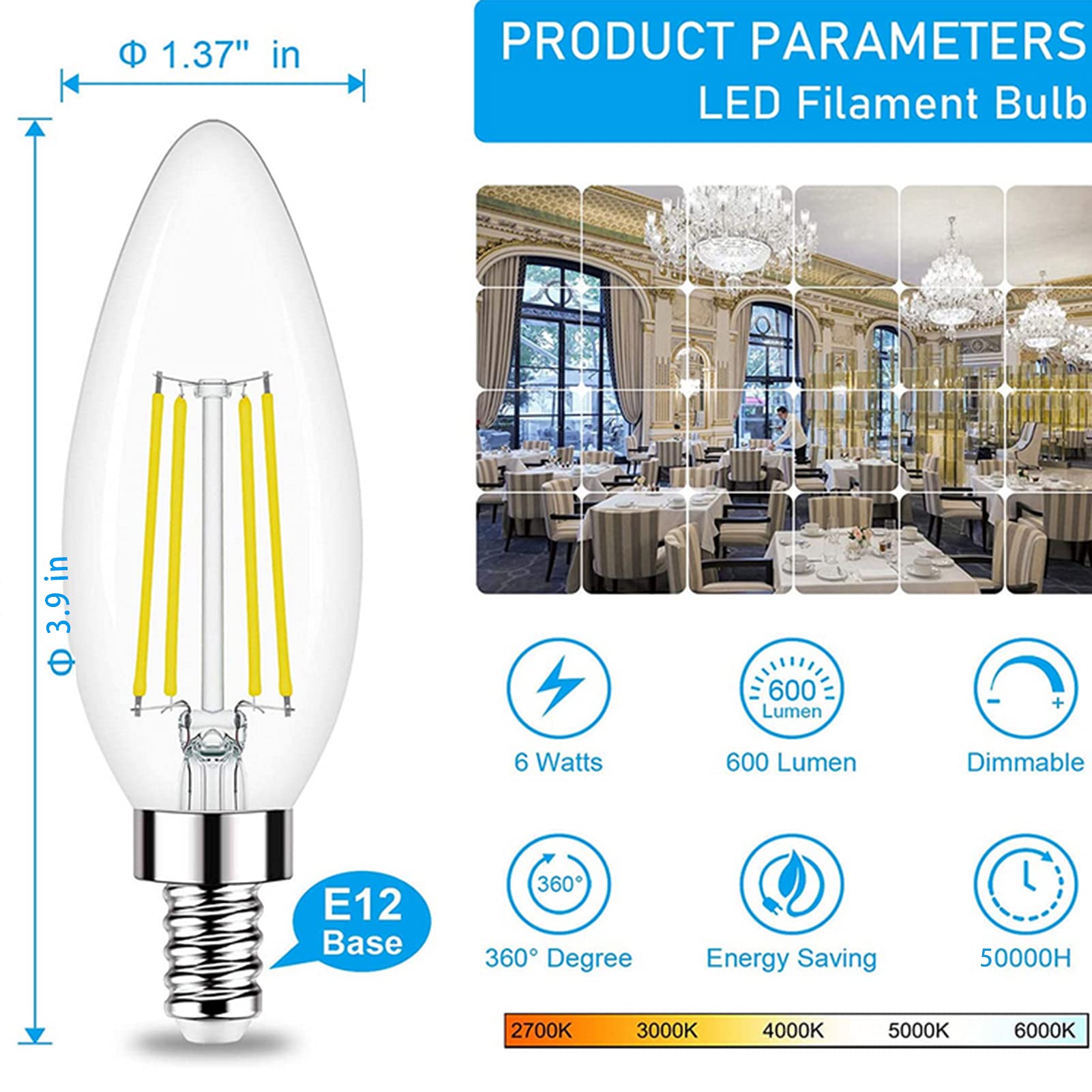 Bombilla candelabro LED regulable 6 W, bombillas filamento Edison vintage C35, bombillas candelabro alto brillo regulables con boca rosca E12 600 lm, vidrio transparente, paquete 4