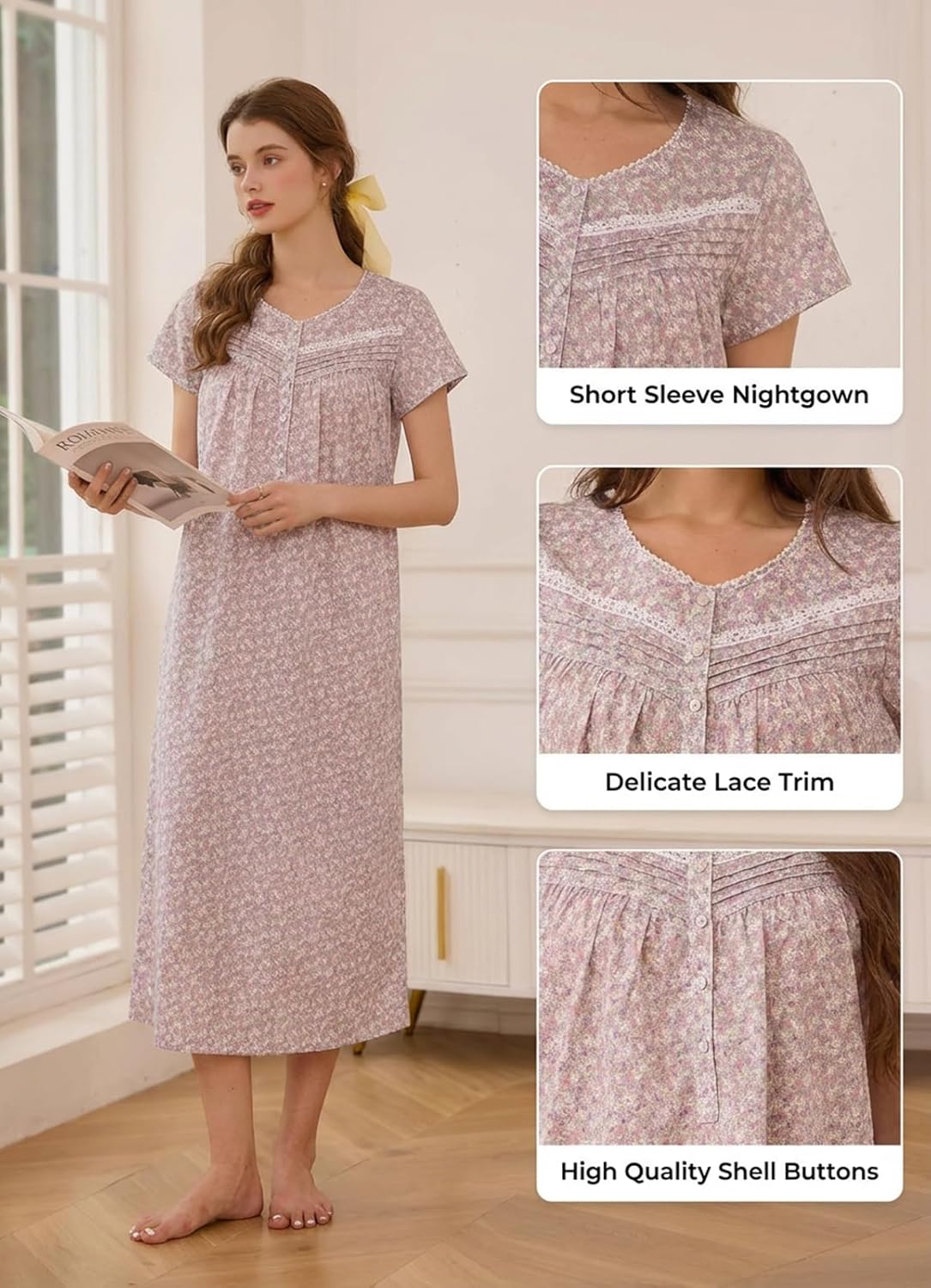 Cotton Nightgowns for Women Short Sleeve Nightgowns Comfy Long Nightdress Sleepwear Ladies Night Gown House Dress